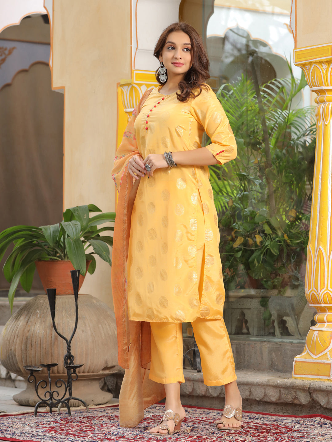Yellow Ethnic Motifs Print Silk Blend Kurta With Palazzos & Dupatta