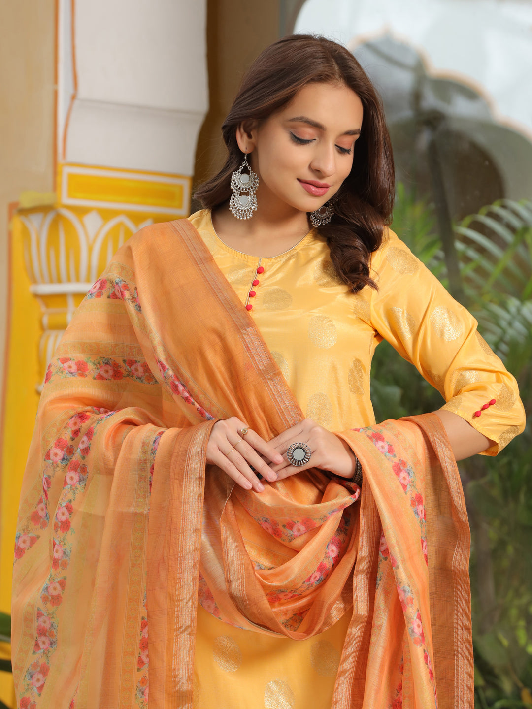 Yellow Ethnic Motifs Print Silk Blend Kurta With Palazzos & Dupatta
