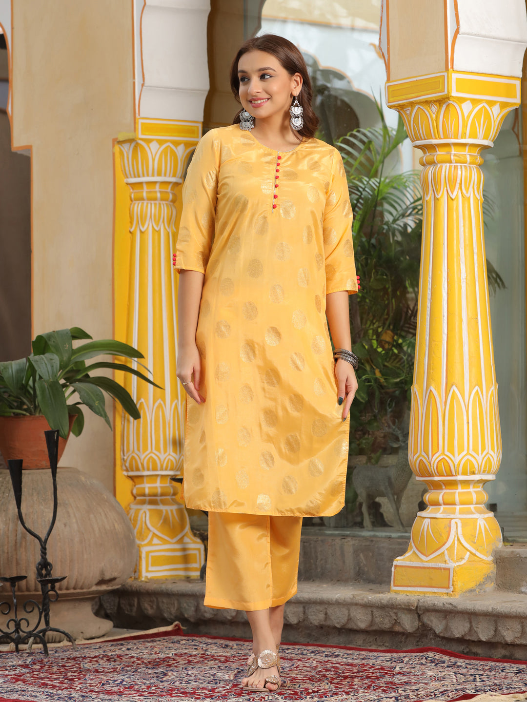 Yellow Ethnic Motifs Print Silk Blend Kurta With Palazzos & Dupatta