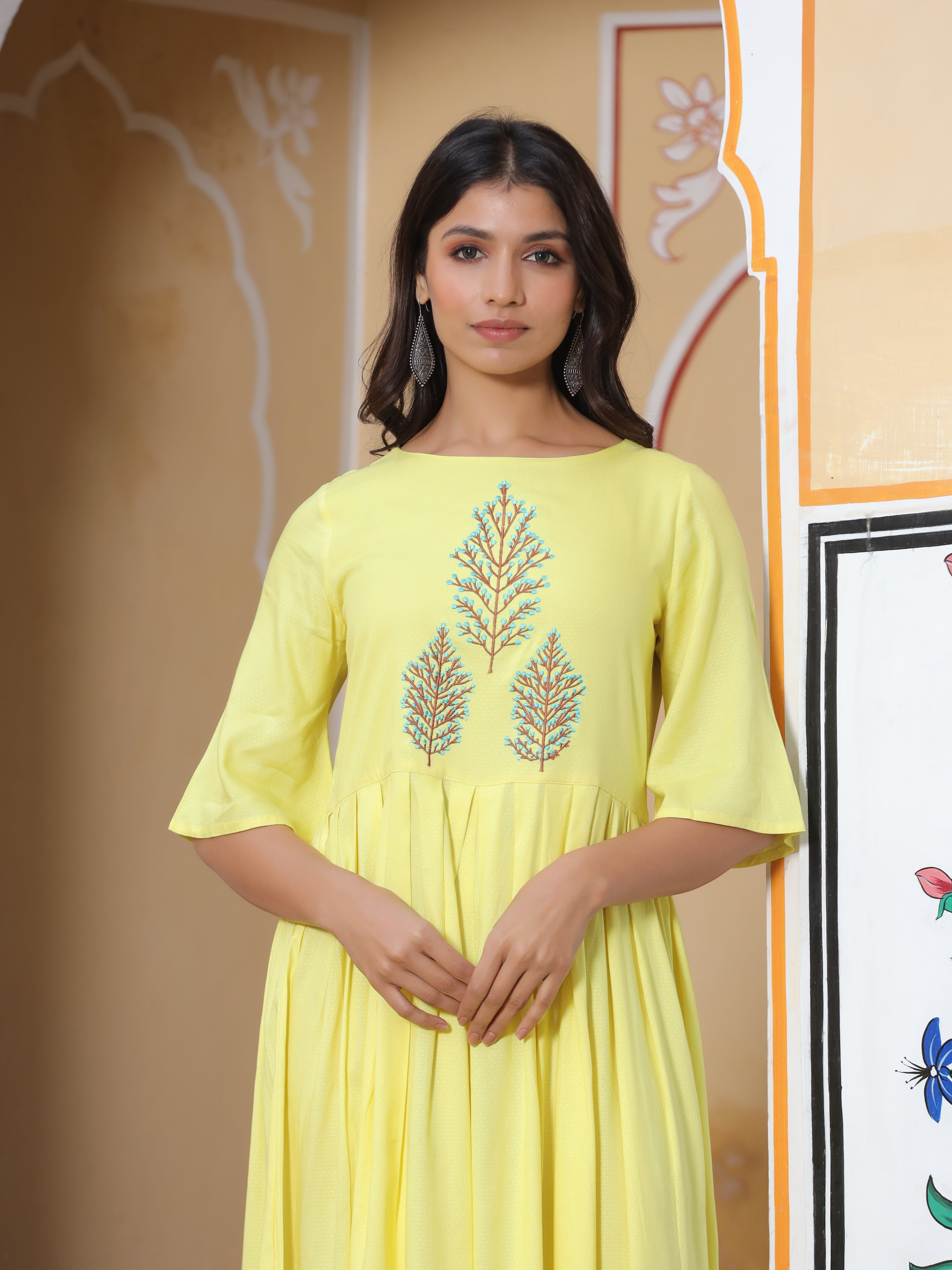Yellow Solid Rayon Pleated Jumpsuit