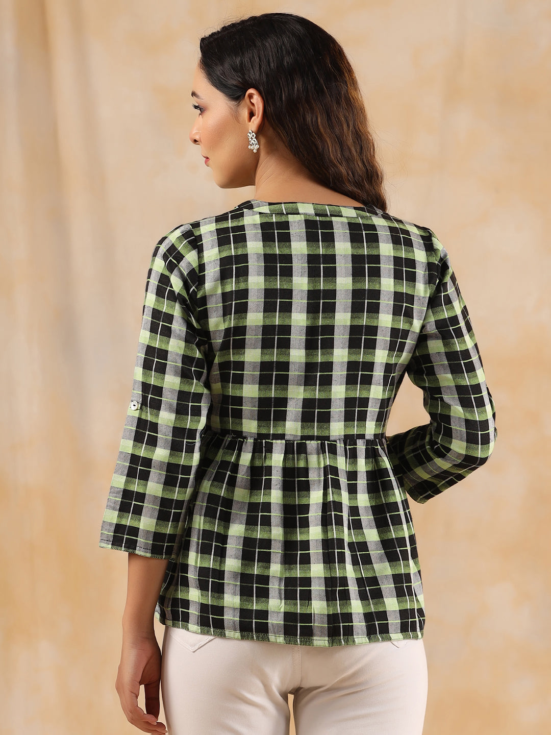Checked Cotton Shirt With Gathered Detail