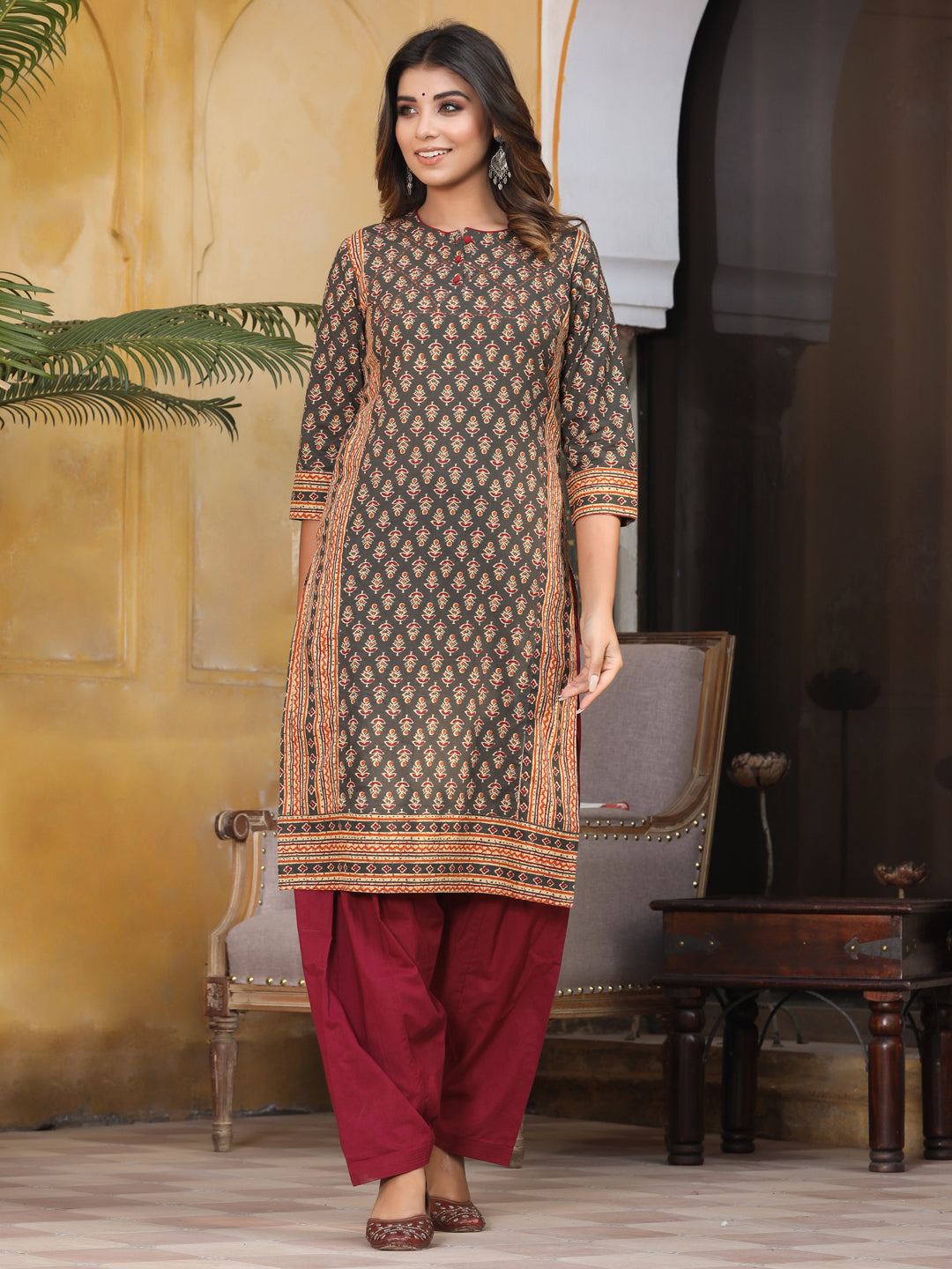 Charcoal Ethnic Motif Straight Cotton Kurta