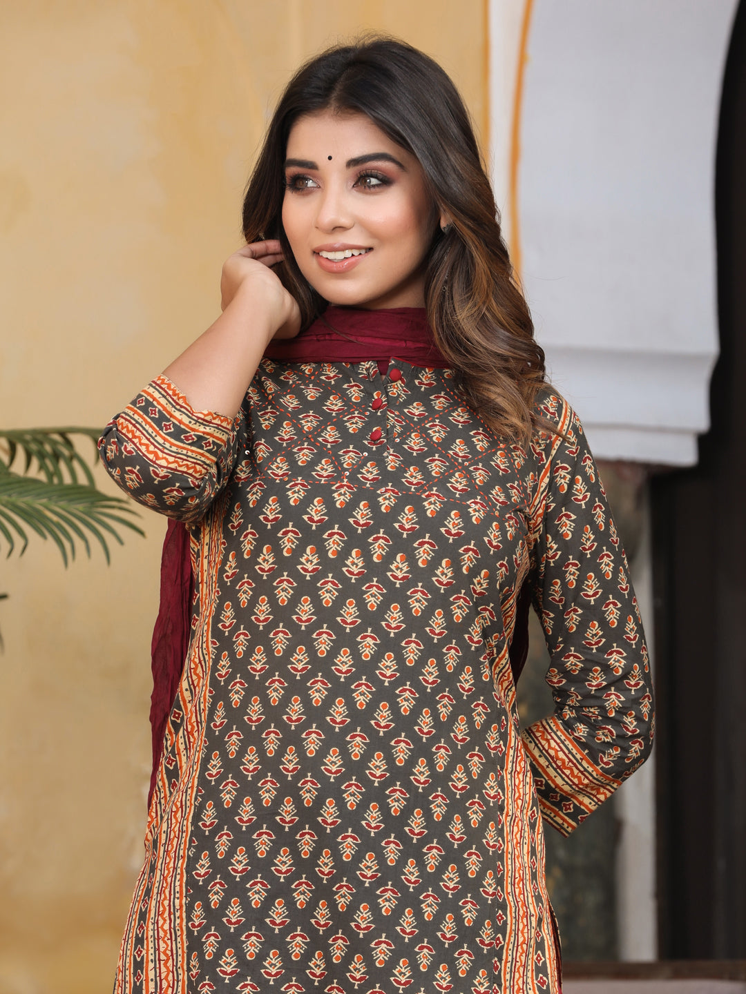 Charcoal Ethnic Motif Straight Cotton Kurta