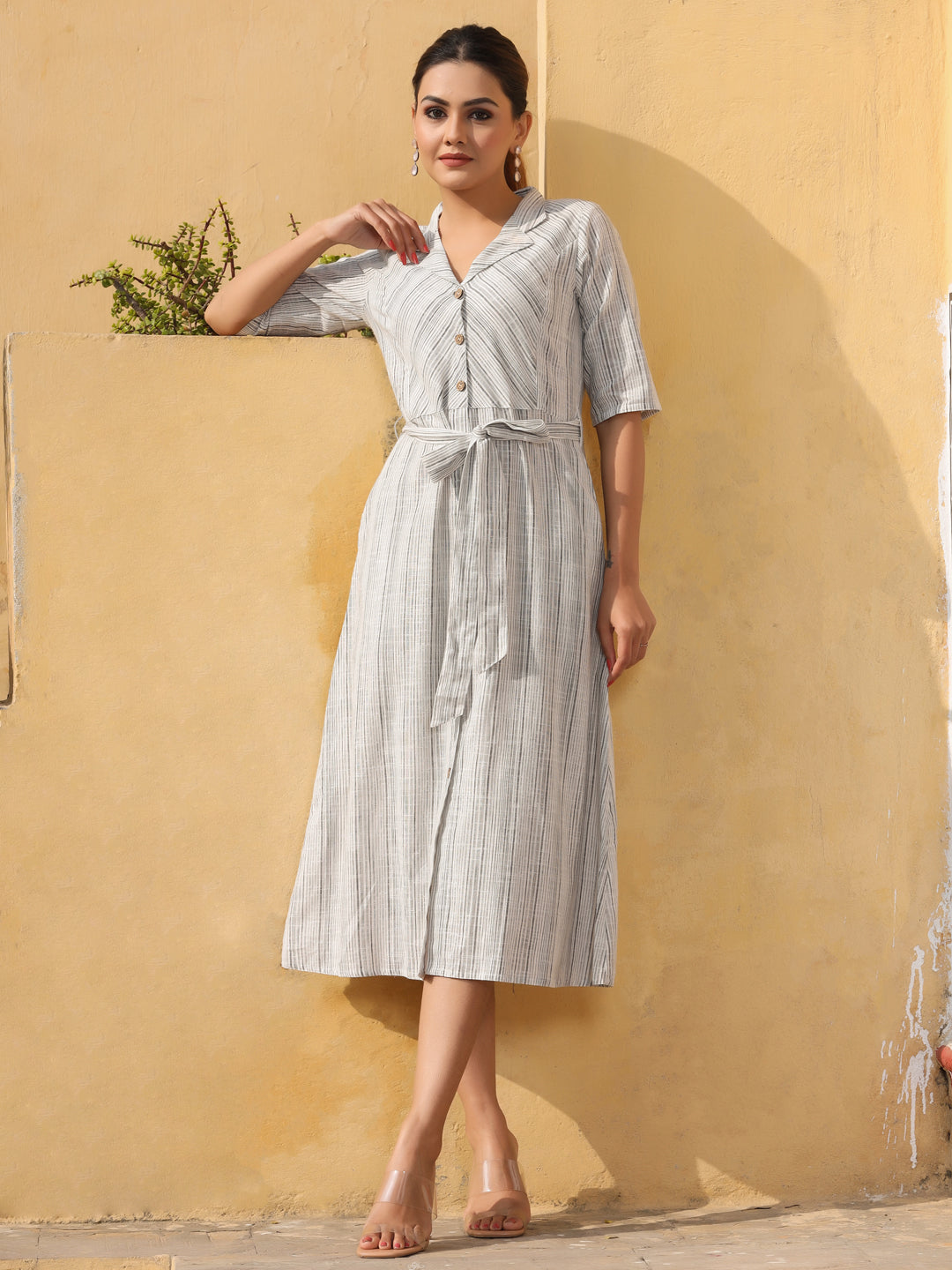 Off White Yarn Dyed A Line Dress