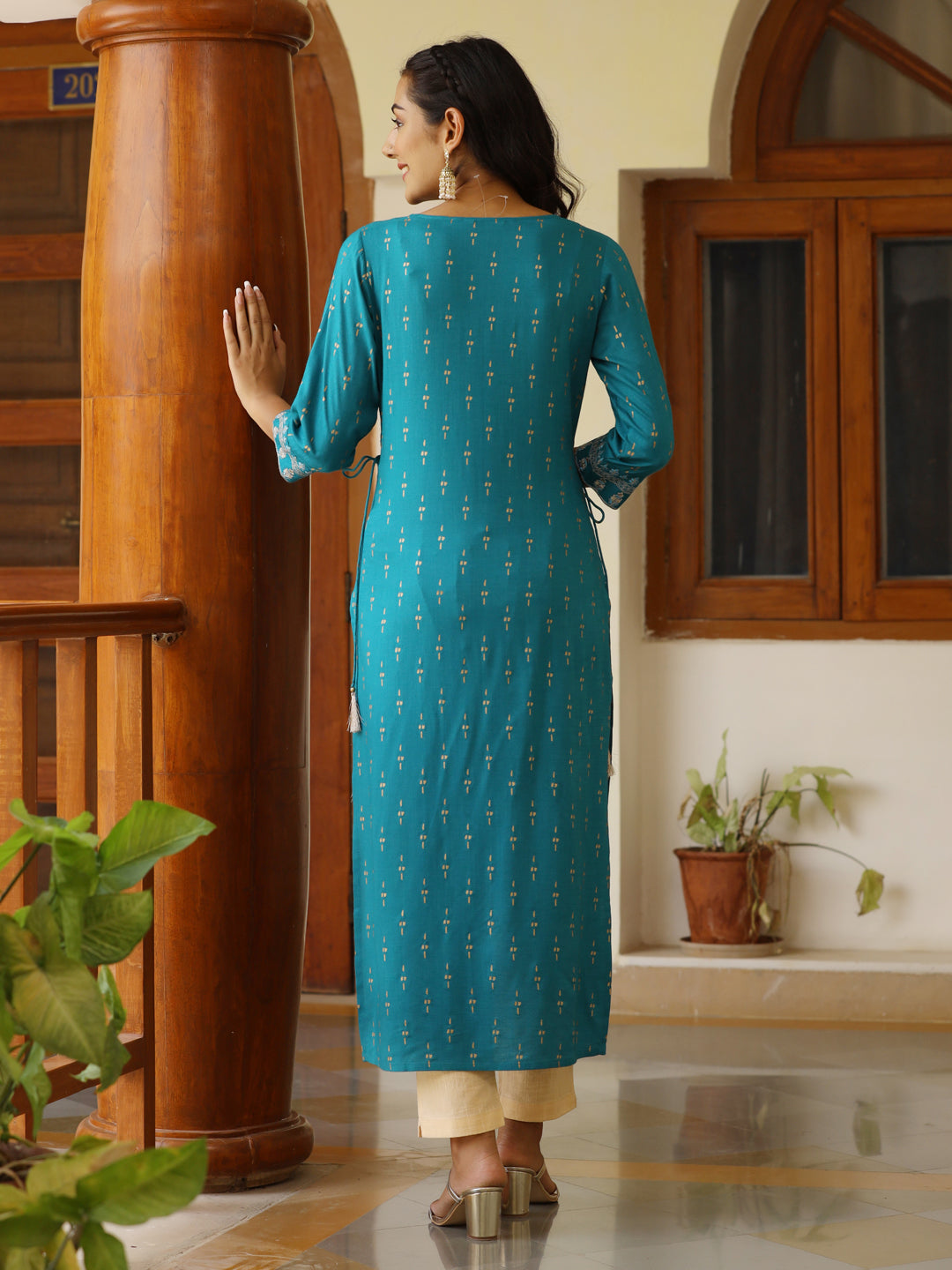 Teal Heavy Embroidered Gold Khadi Print Rayon Slub Kurta With Cotton Beige Pants