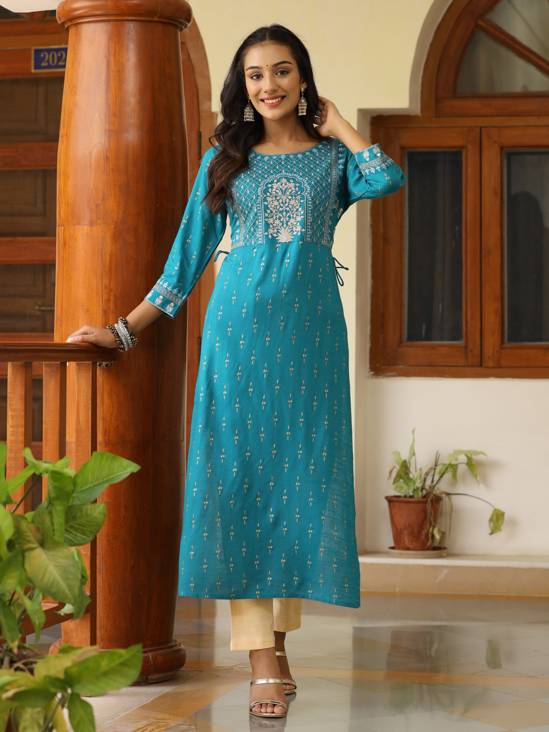 Teal Heavy Embroidered Gold Khadi Print Rayon Slub Kurta With Cotton Beige Pants