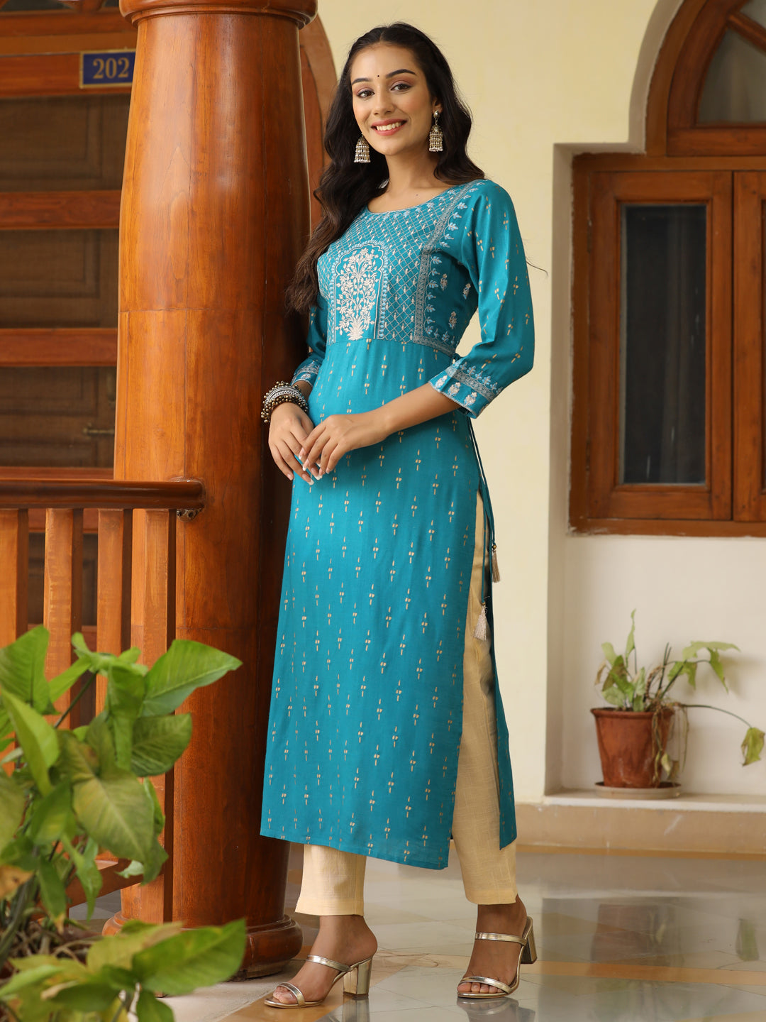 Teal Heavy Embroidered Gold Khadi Print Rayon Slub Kurta With Cotton Beige Pants