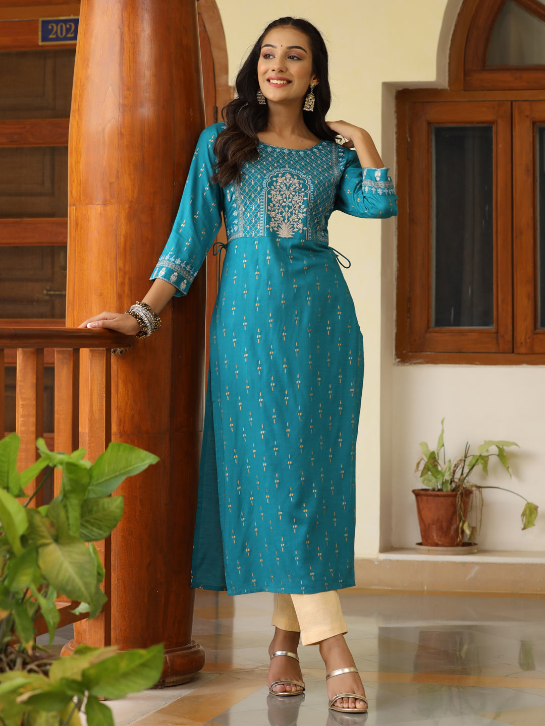 Teal Heavy Embroidered Gold Khadi Print Rayon Slub Kurta With Cotton Beige Pants