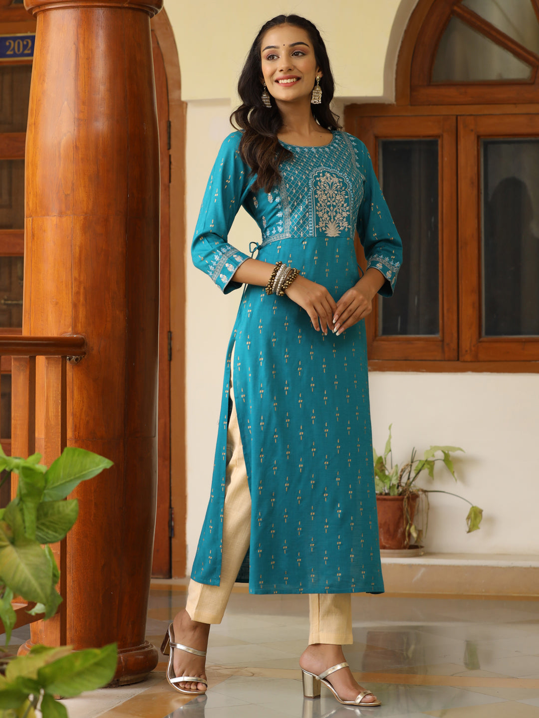 Teal Heavy Embroidered Gold Khadi Print Rayon Slub Kurta With Cotton Beige Pants