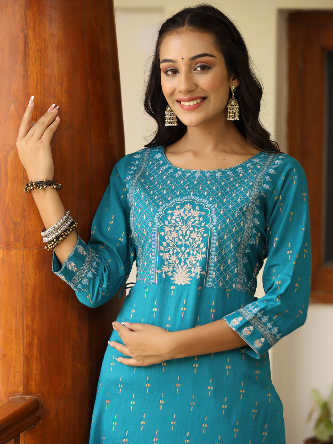 Teal Heavy Embroidered Gold Khadi Print Rayon Slub Kurta With Cotton Beige Pants