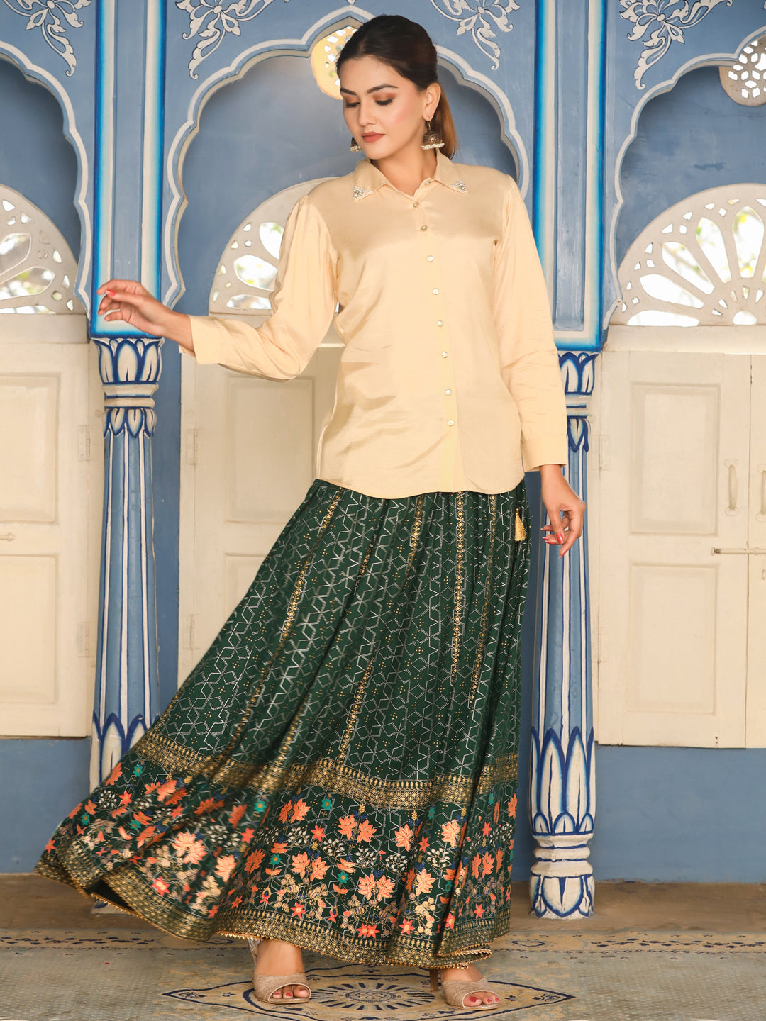 Green Gold Printed Flared Skirt