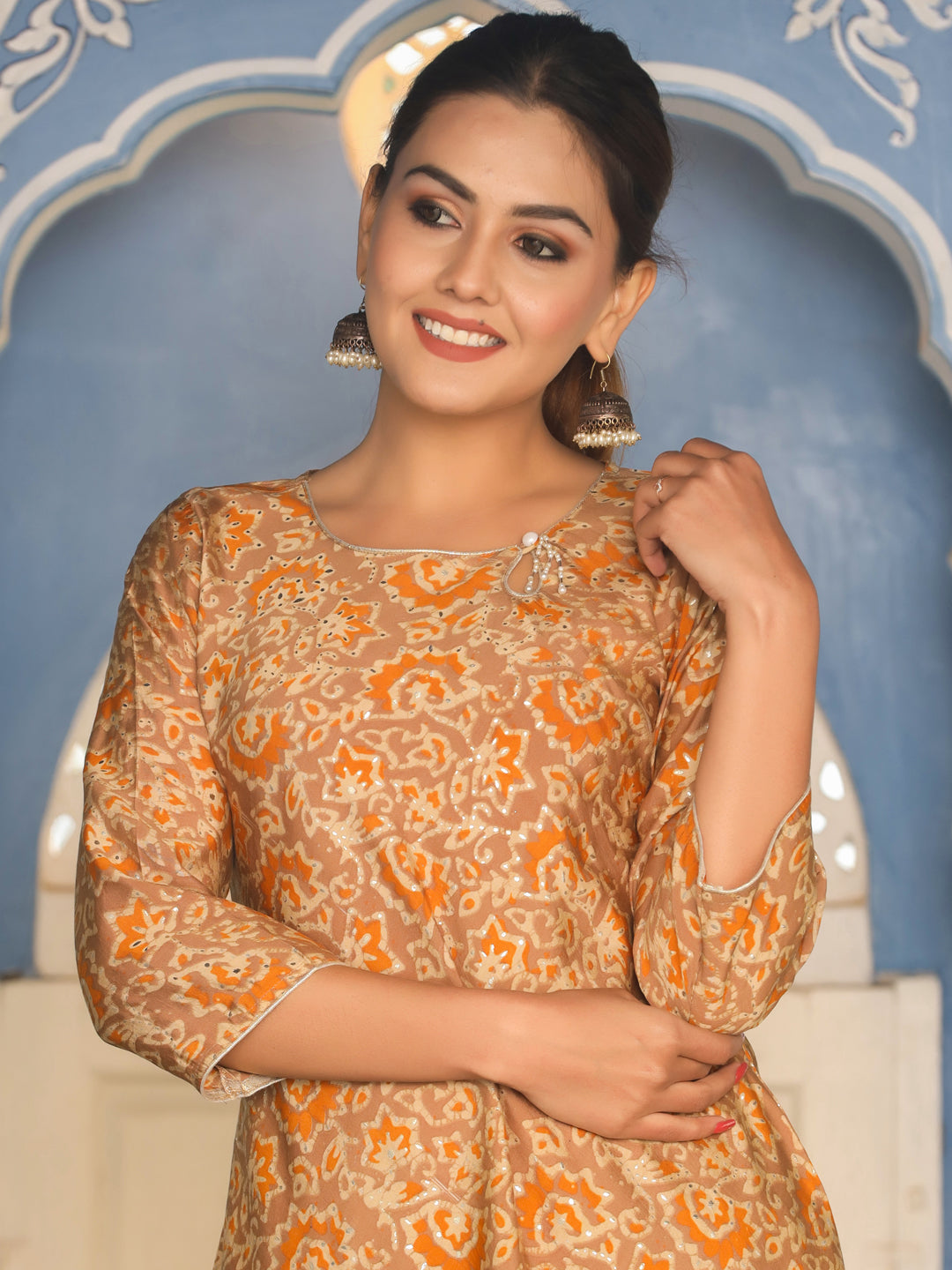 Chanderi A-Line Kurta With Pants