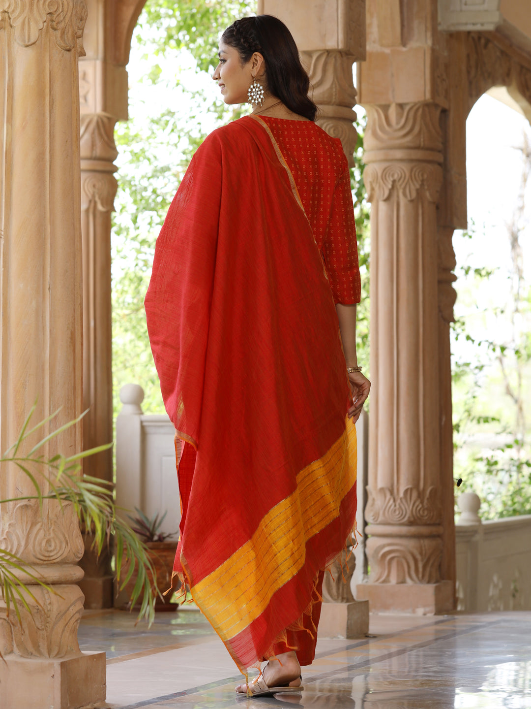 Red Silk Embroidered Kurta With Pants And Dupatta