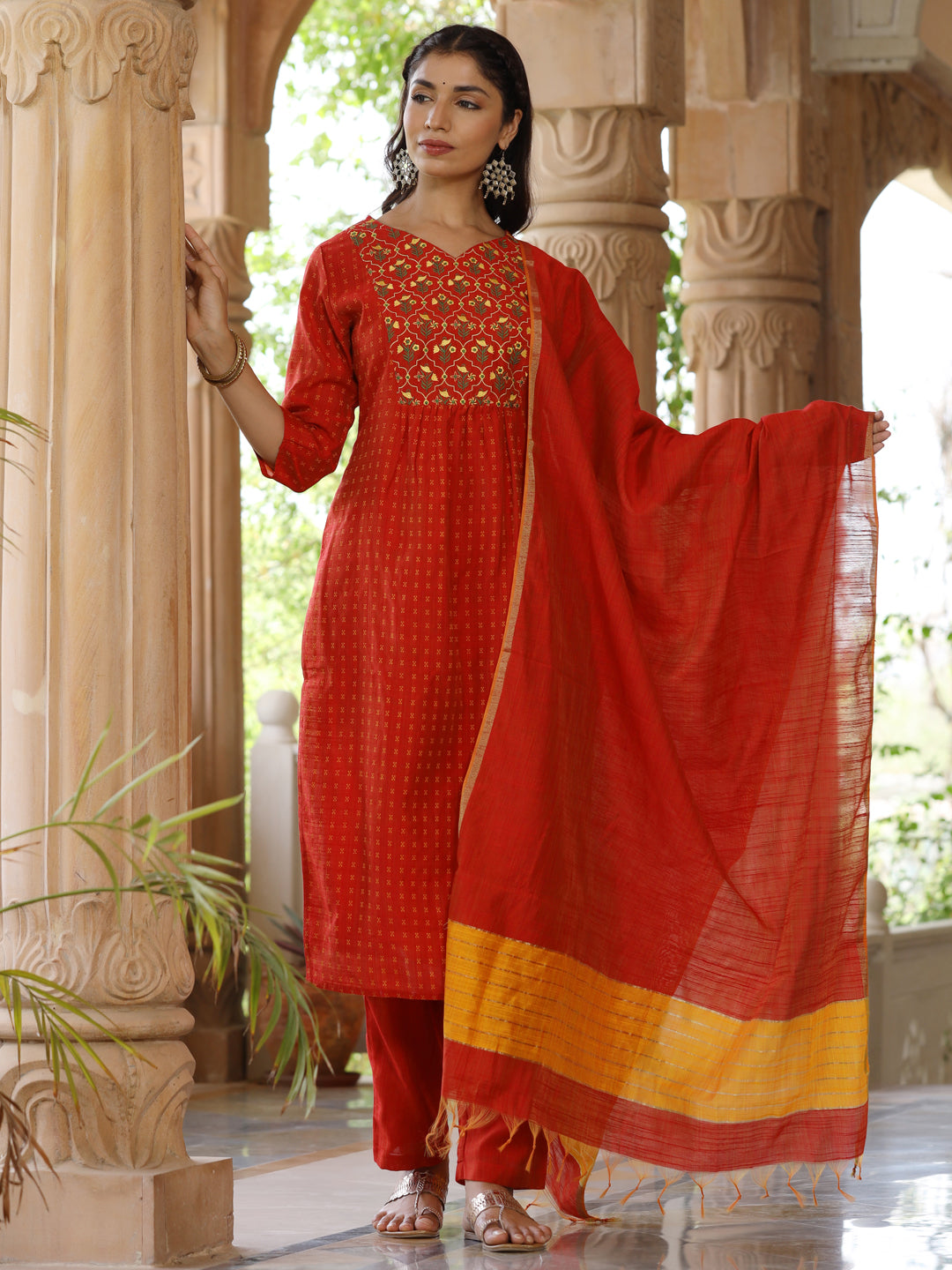 Red Silk Embroidered Kurta With Pants And Dupatta