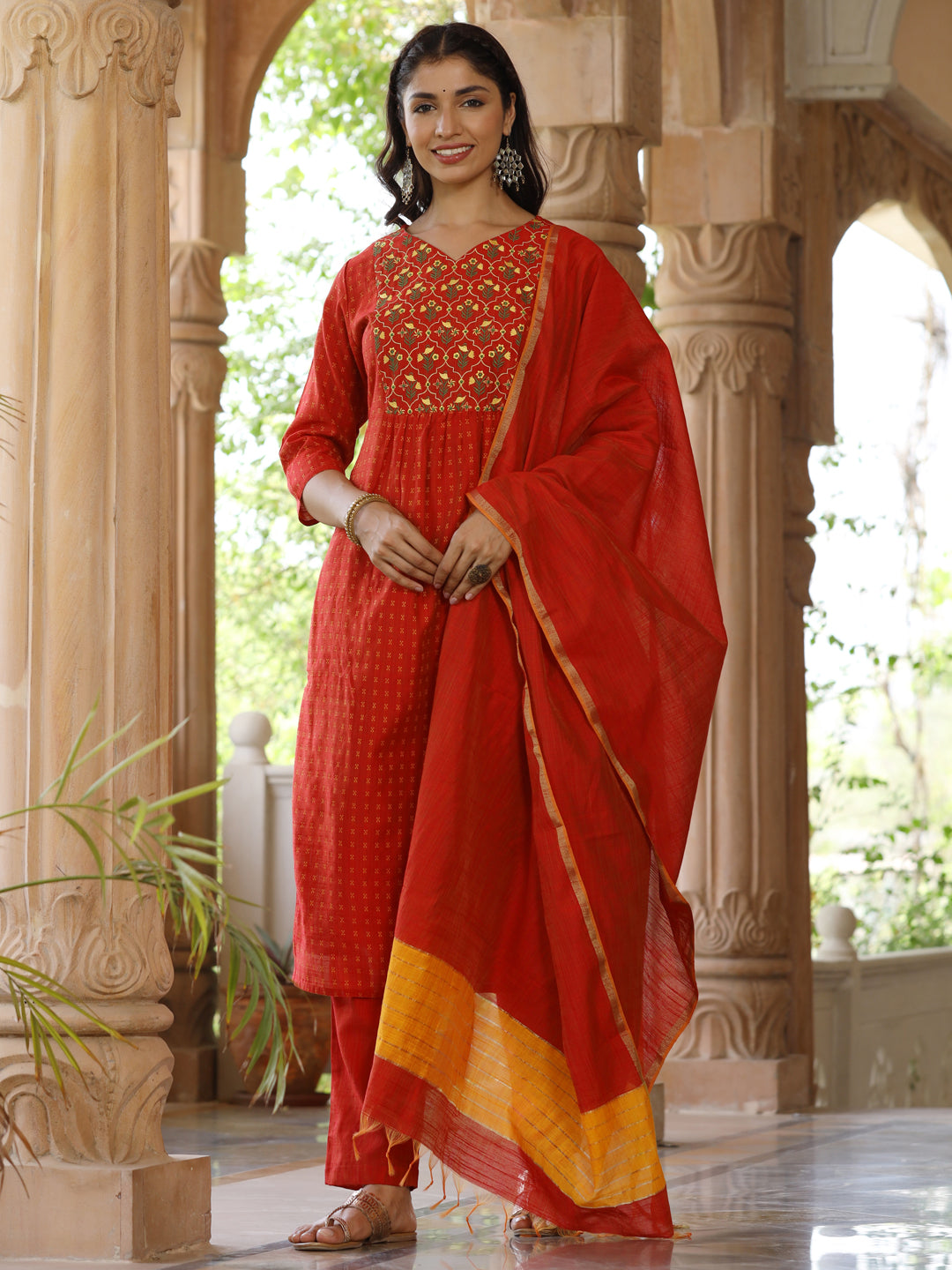 Red Silk Embroidered Kurta With Pants And Dupatta