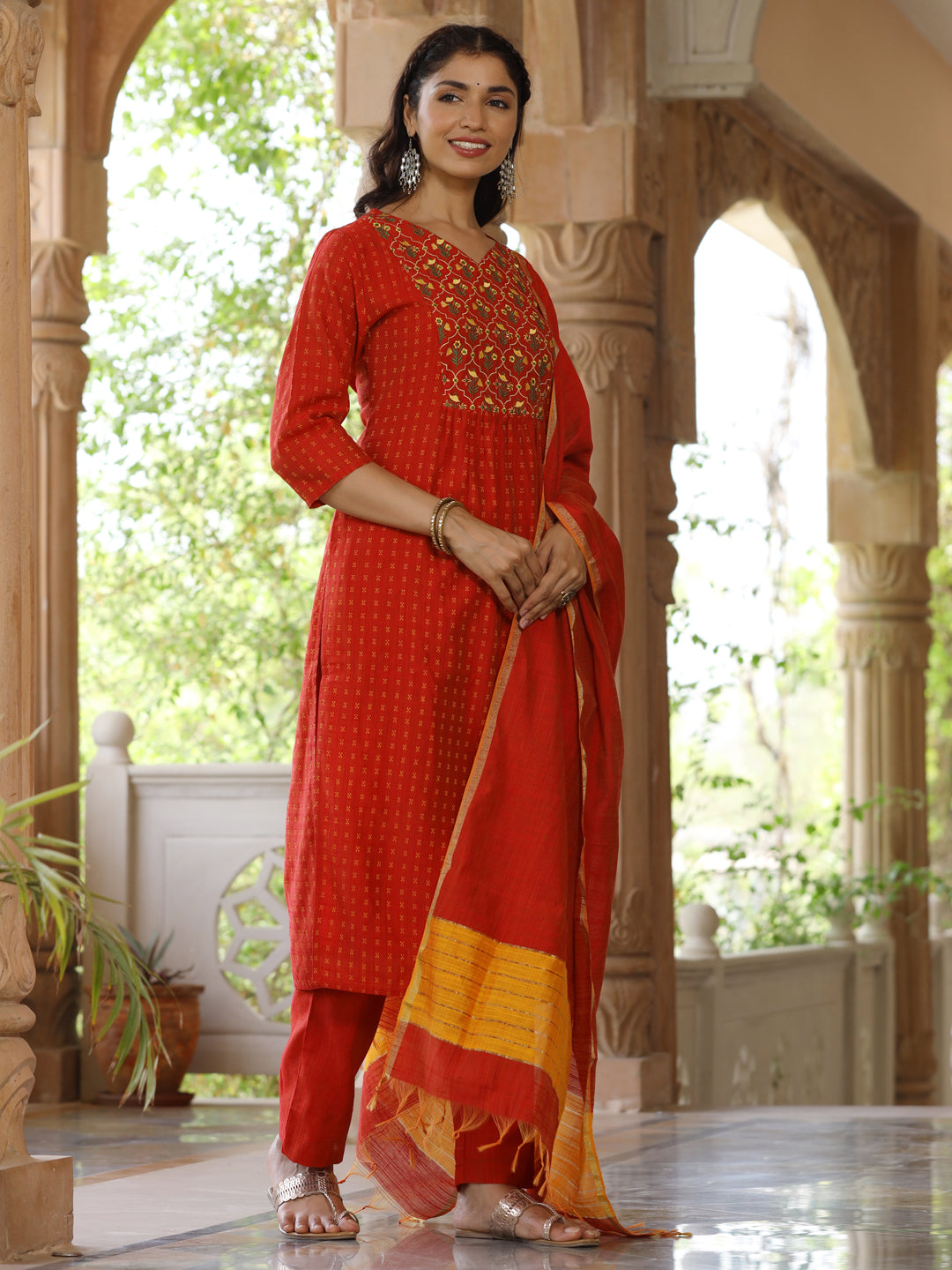 Red Silk Embroidered Kurta With Pants And Dupatta