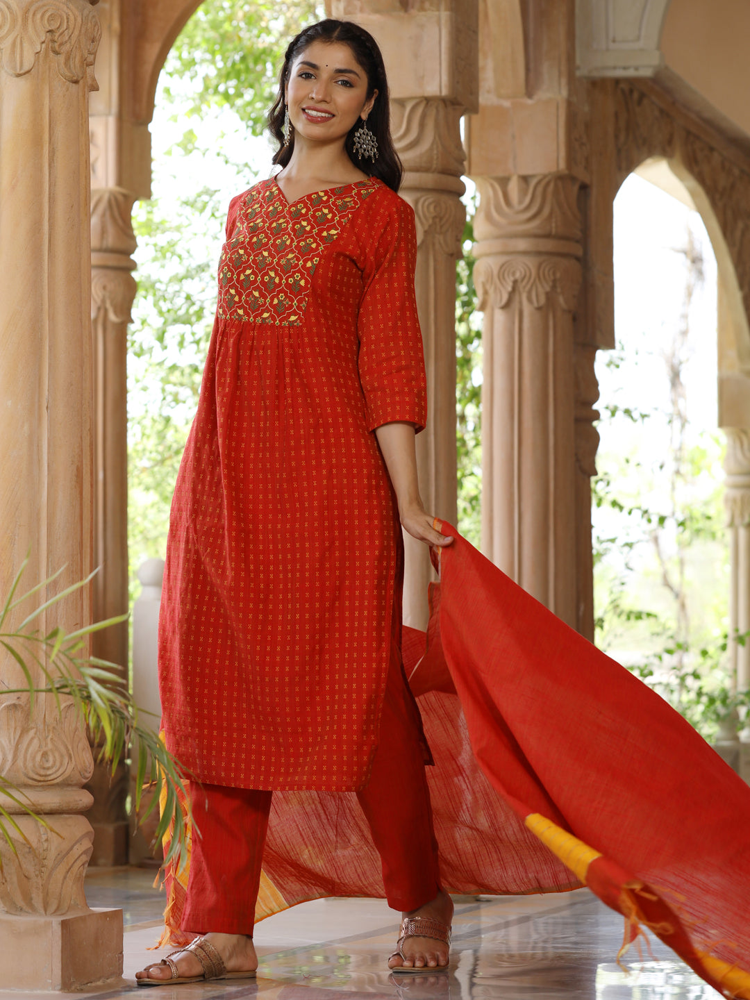 Red Silk Embroidered Kurta With Pants And Dupatta