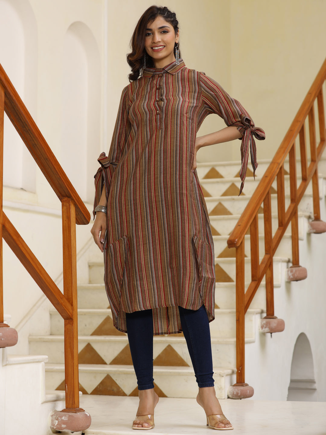 Chanderi Camel Brown Stripes High Low Loose Fitting Pattern Kurta