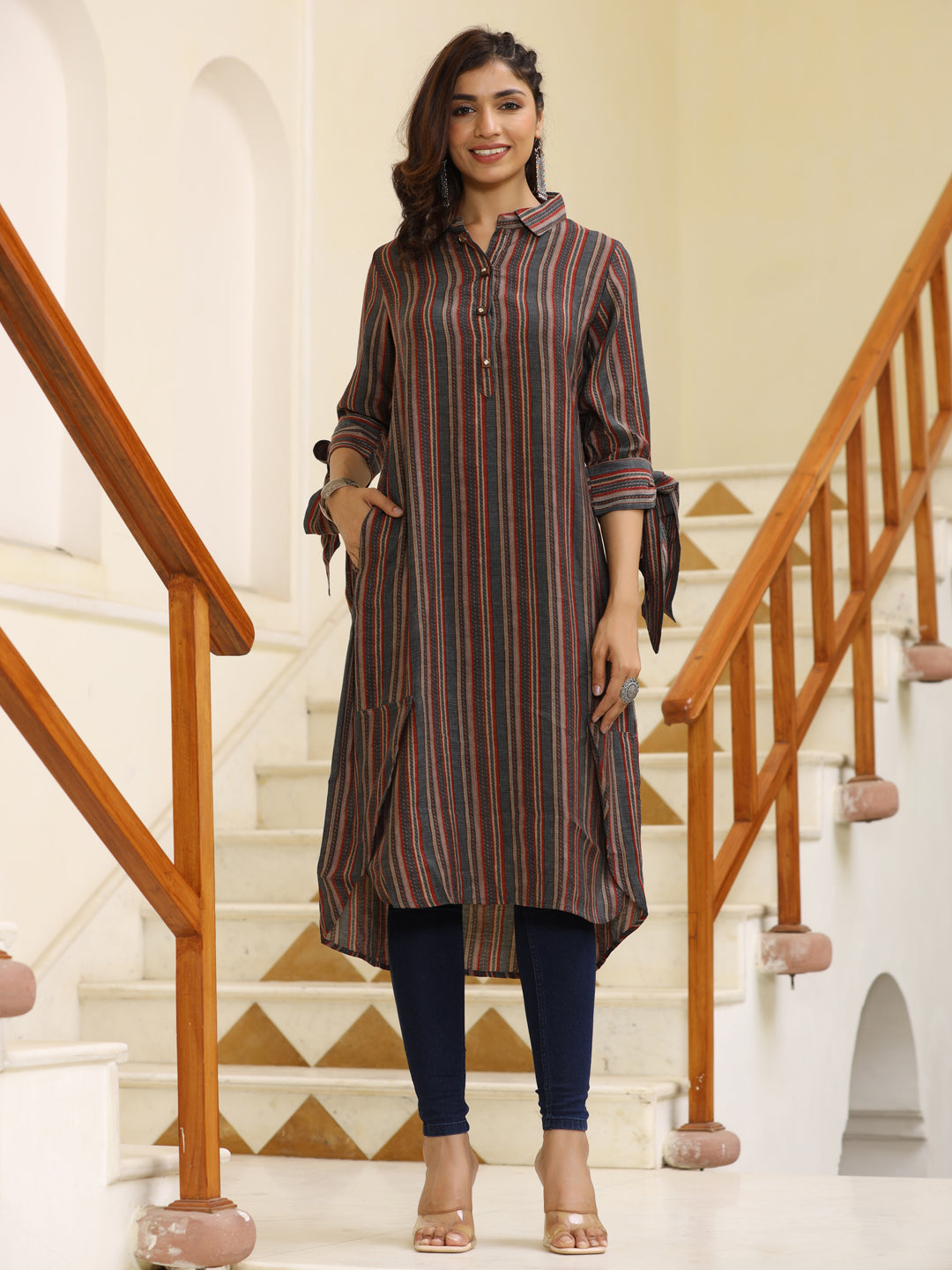 Chanderi Grey Stripes High Low Loose Fitting Pattern Kurta