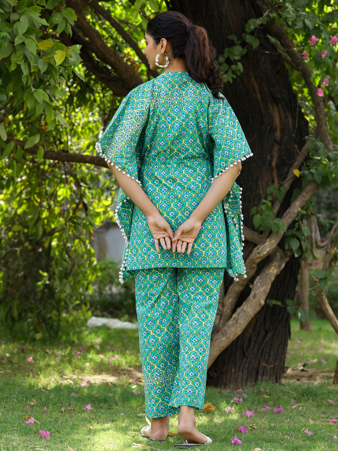 Green Ethnic Printed Cotton Kaftan With Pants Lounge Wear