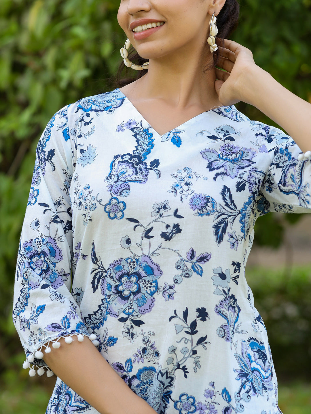 Stylish White & Blue Cotton Printed Top & Pants