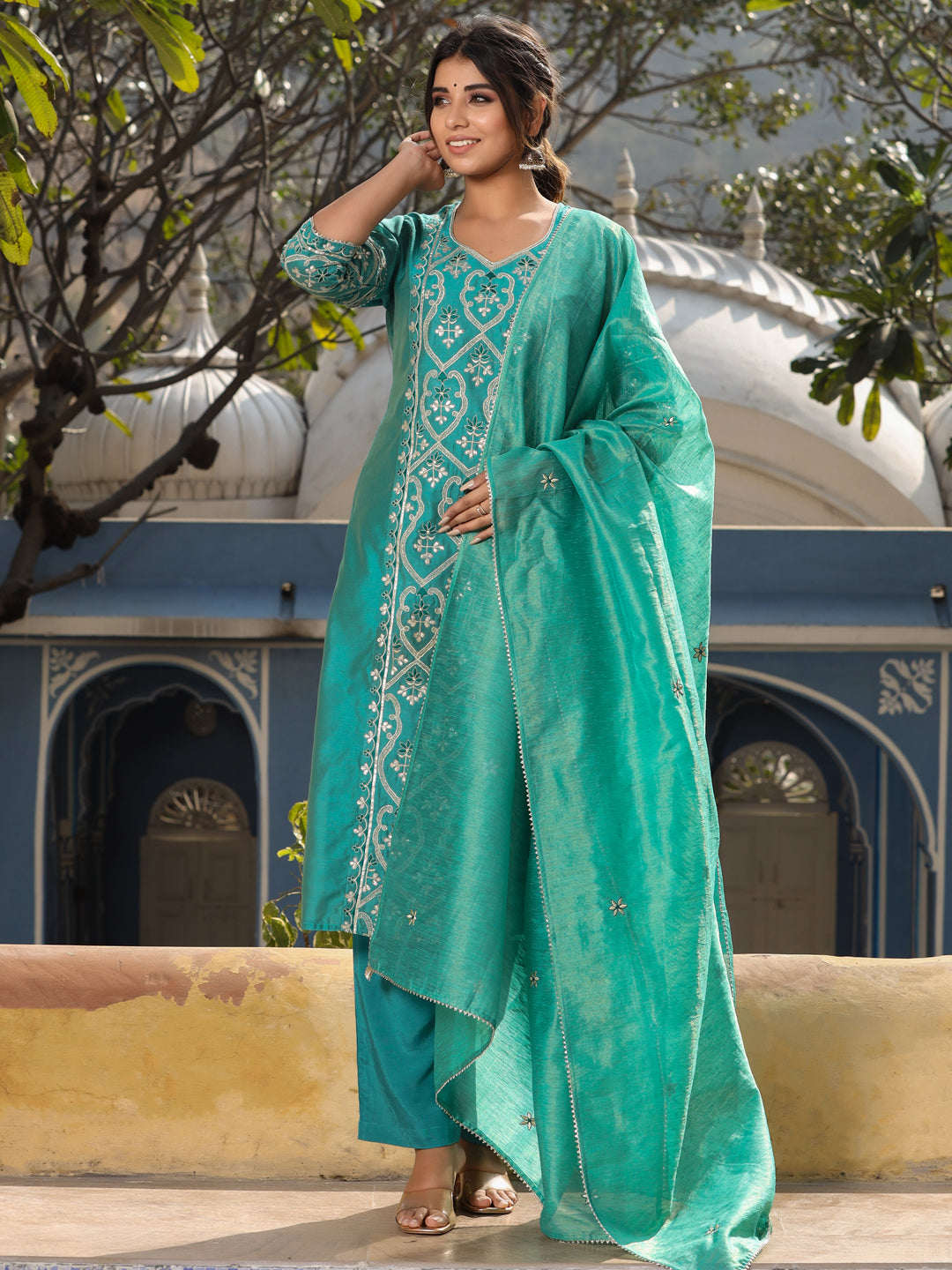 Green Chanderi Straight Embroidered Kurta with Pants & Dupatta