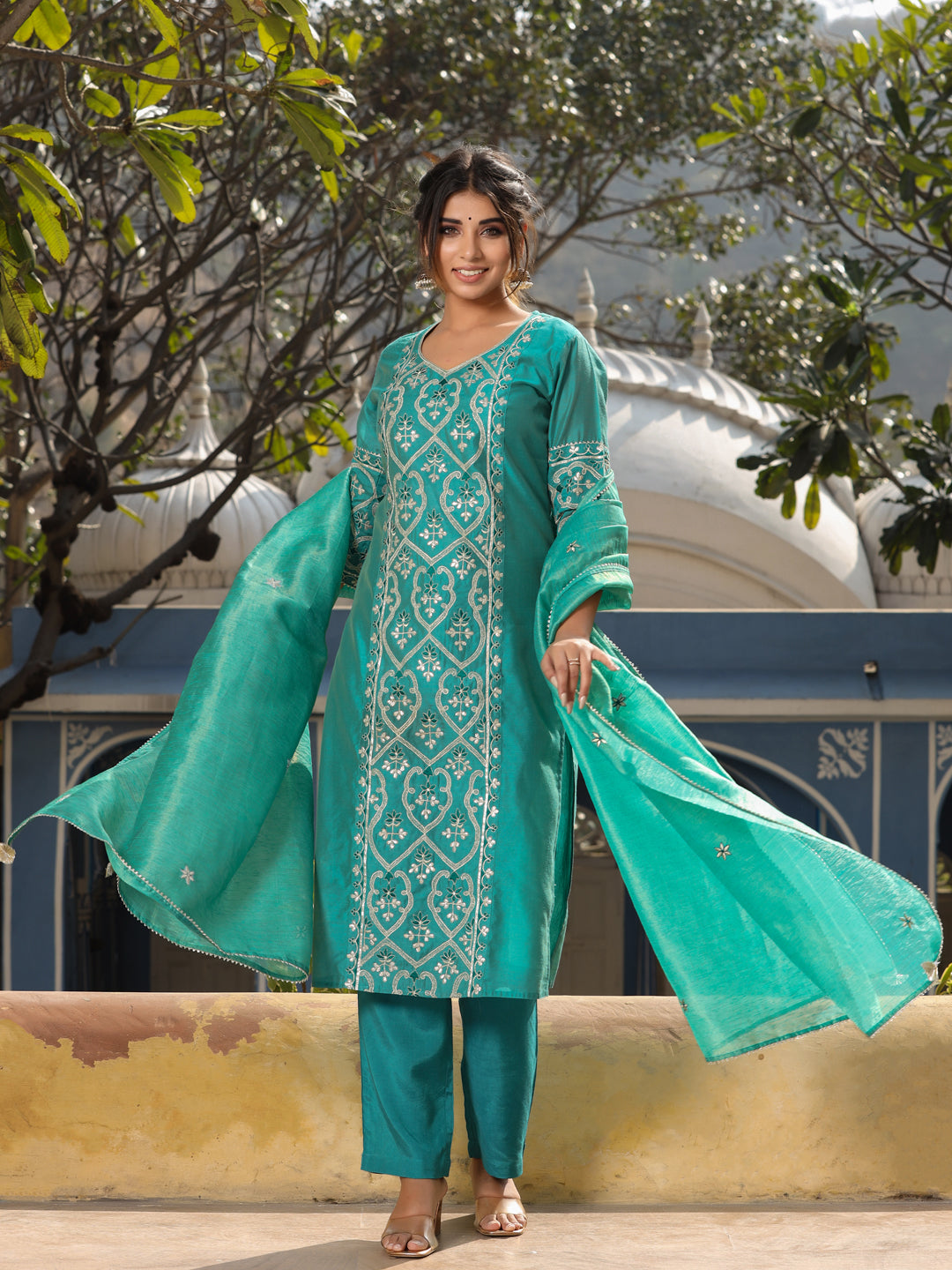 Green Chanderi Straight Embroidered Kurta with Pants & Dupatta