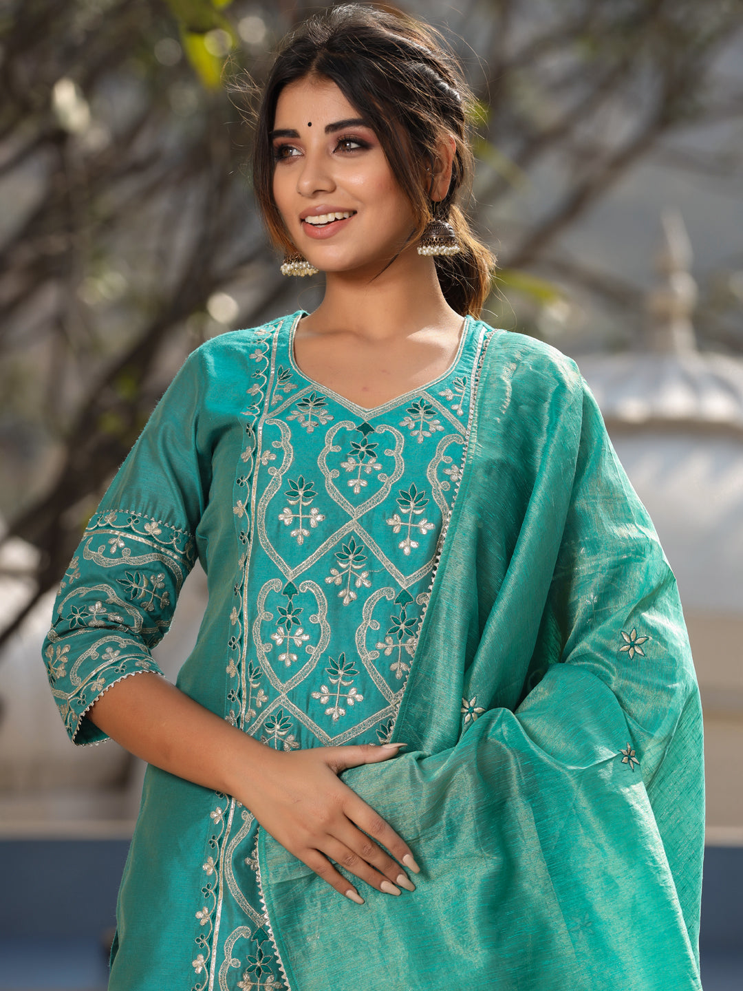 Buy Straight Embroidered Kurta with Silk Pants & Dupatta Online.