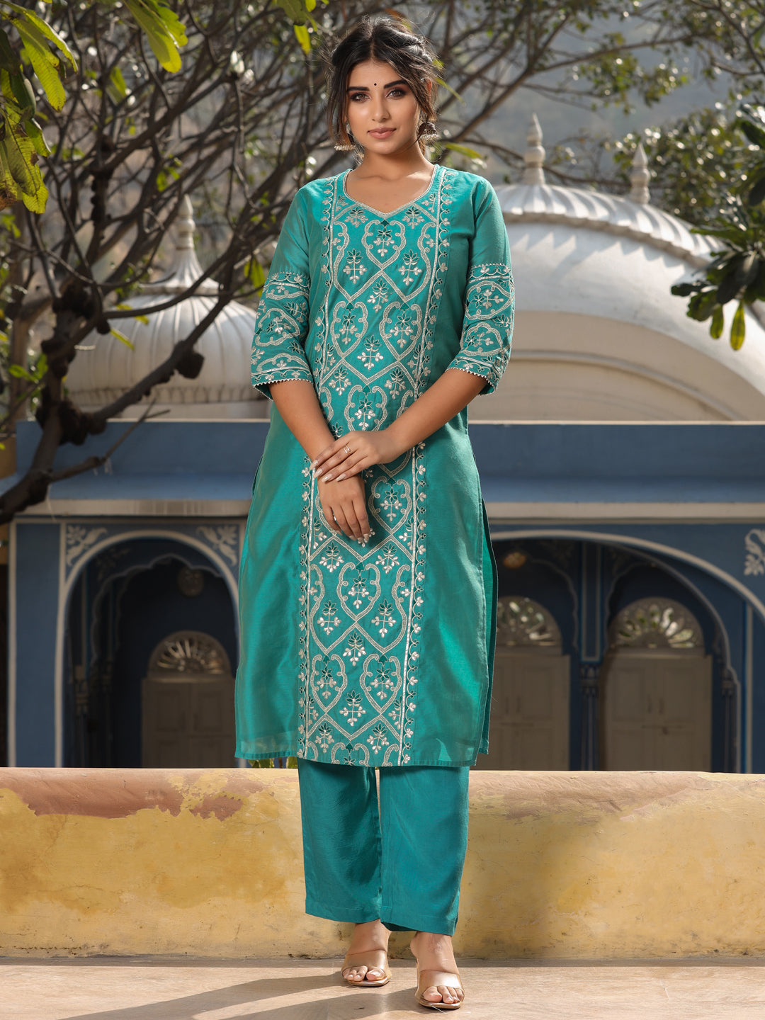 Green Chanderi Straight Embroidered Kurta with Pants & Dupatta