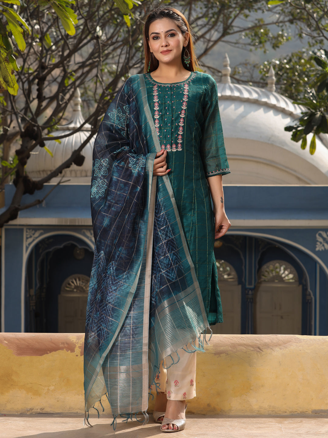 Amaiva Green Abstract Chanderi Kurta Set
