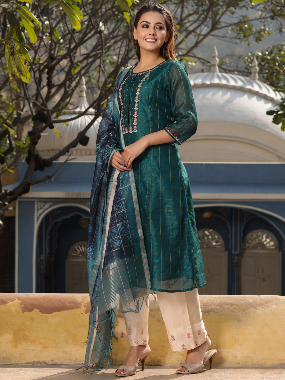 Amaiva Green Abstract Chanderi Kurta Set