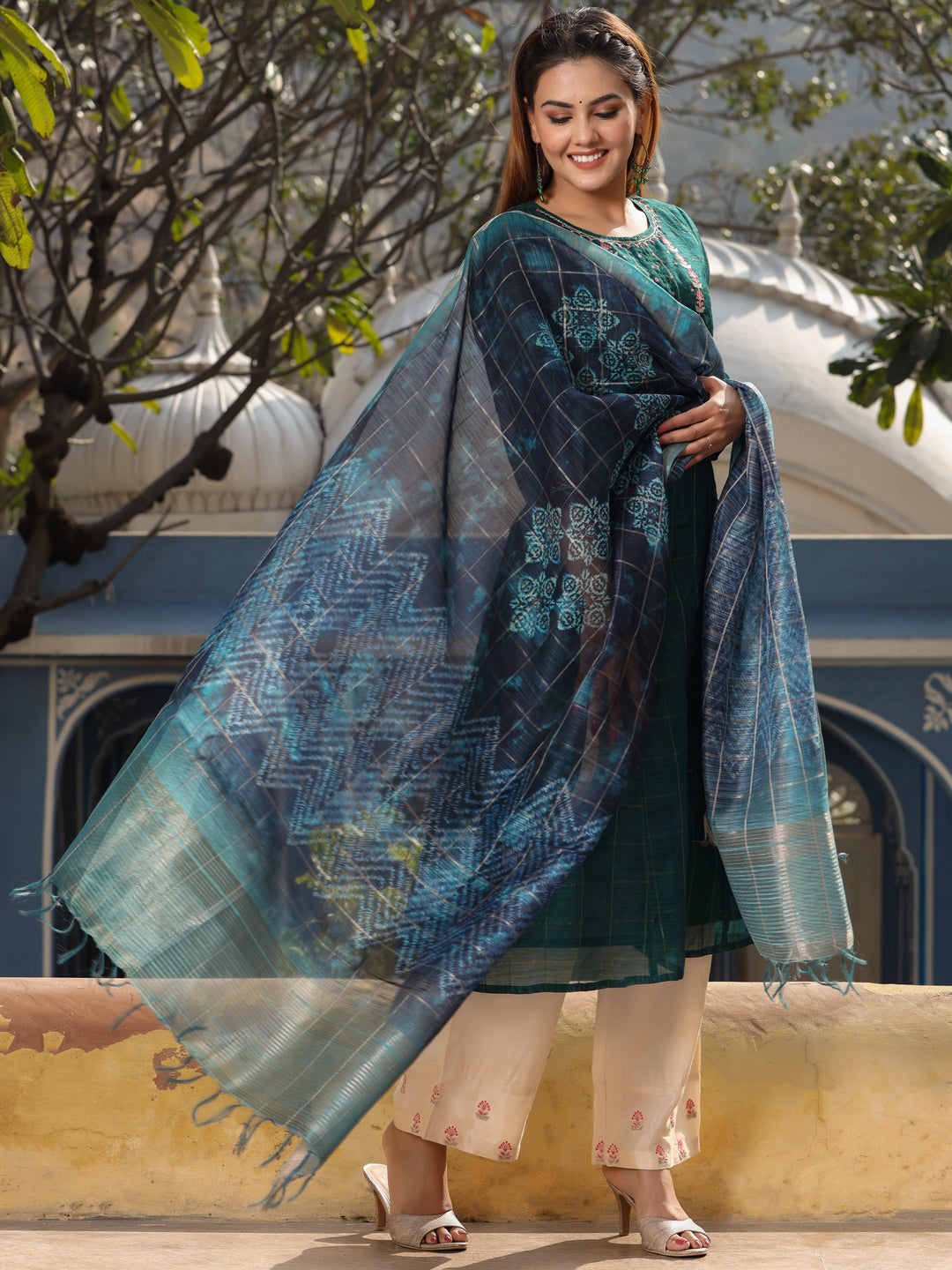 Amaiva Green Abstract Chanderi Kurta Set