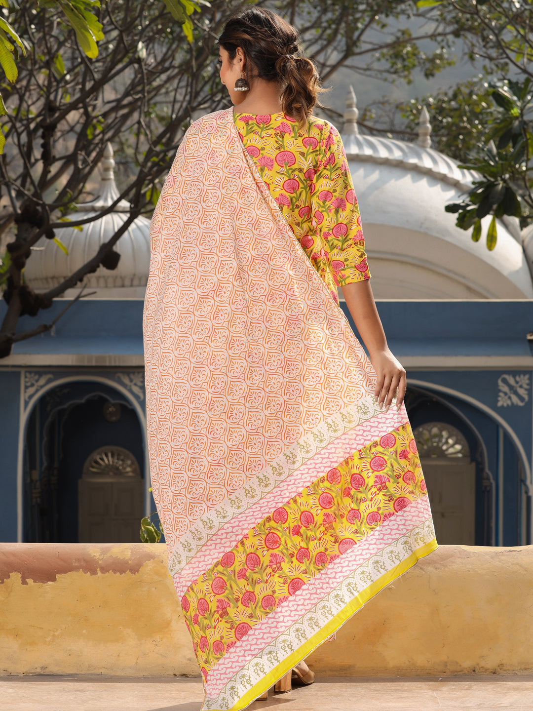 Yellow Ethnic Motifs Print Straight Cotton Kurta With Palazzos & Dupatta