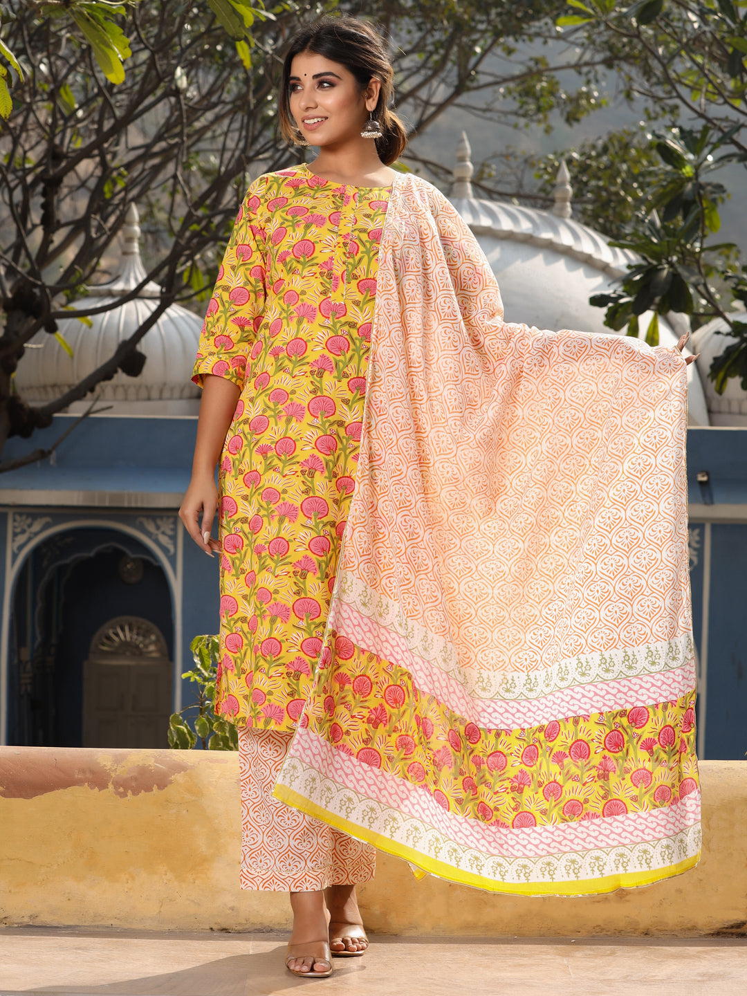 Yellow Ethnic Motifs Print Straight Cotton Kurta With Palazzos & Dupatta