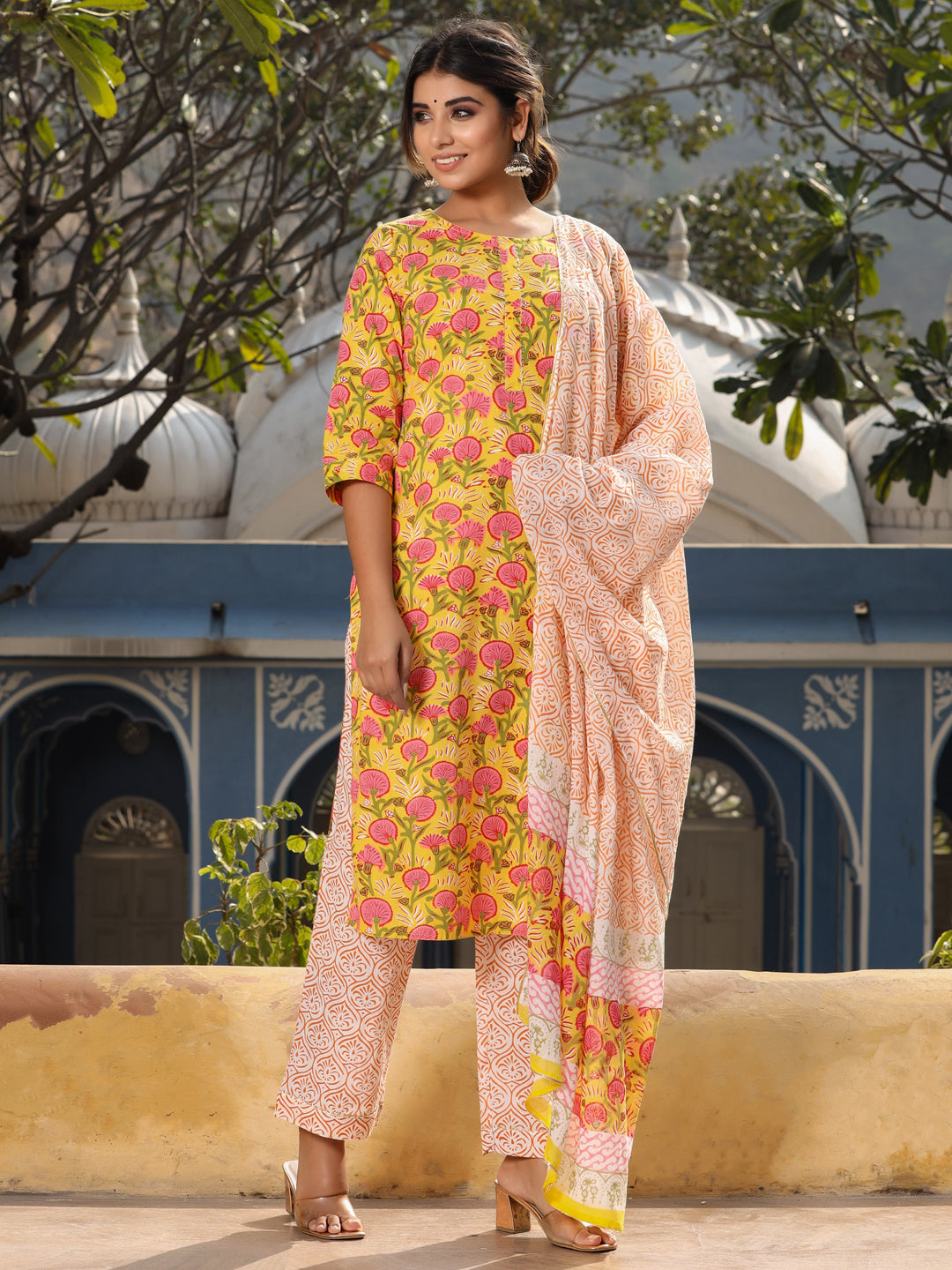 Yellow Ethnic Motifs Print Straight Cotton Kurta With Palazzos & Dupatta