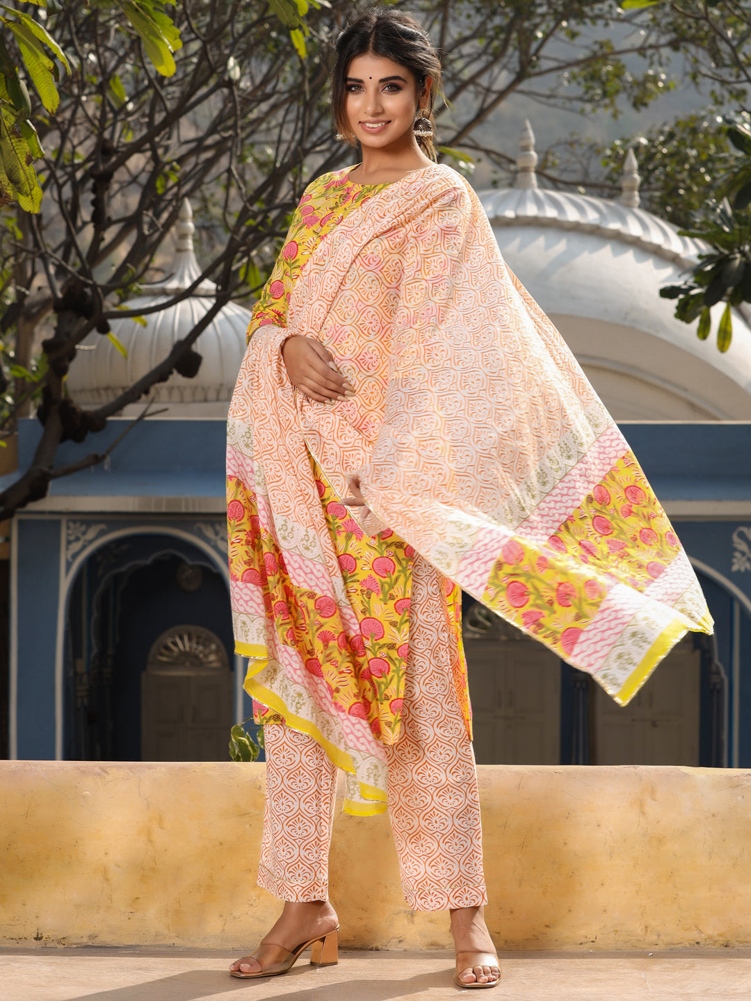 Yellow Ethnic Motifs Print Straight Cotton Kurta With Palazzos & Dupatta