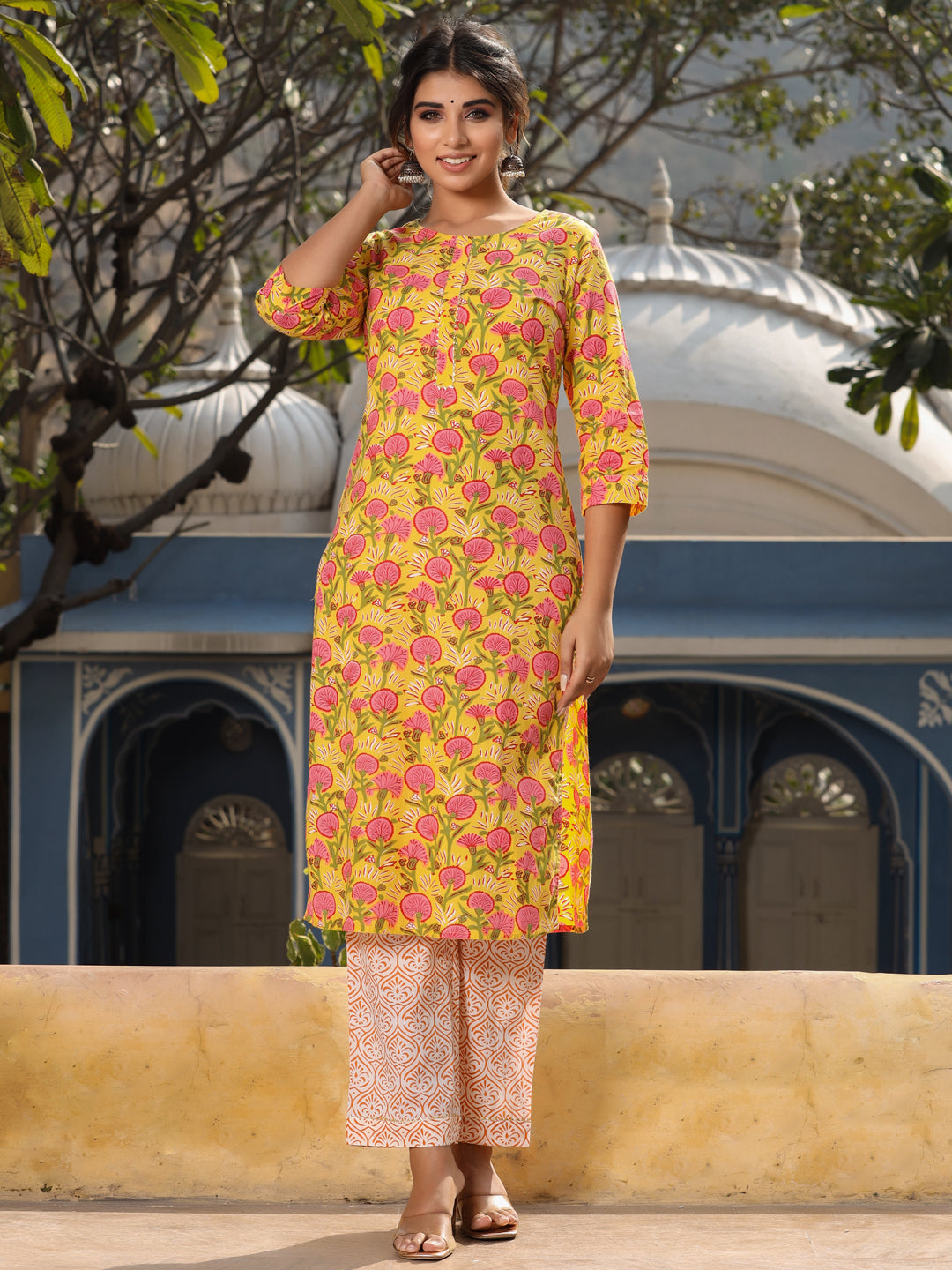 Yellow Ethnic Motifs Print Straight Cotton Kurta With Palazzos & Dupatta