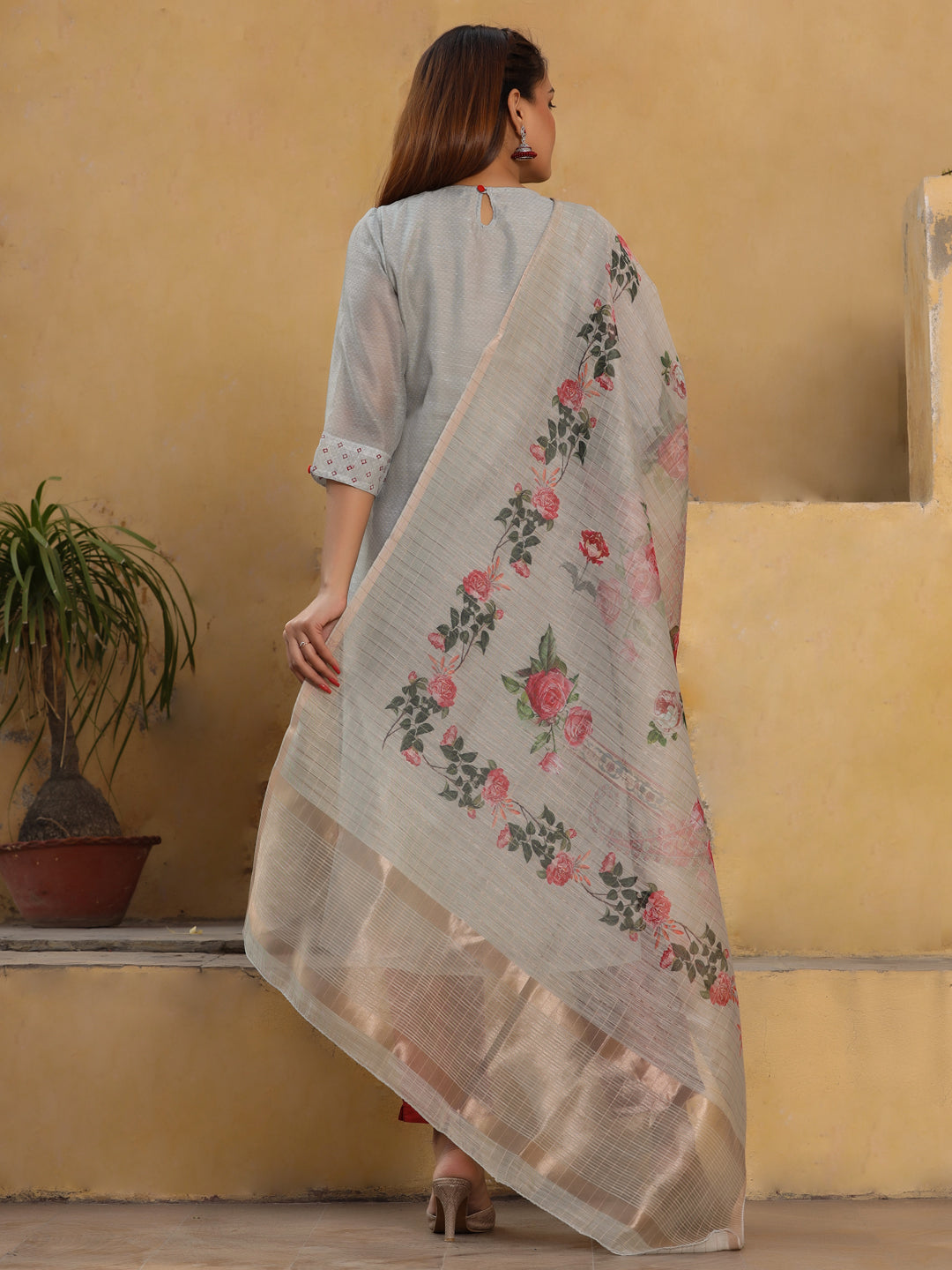 Dusty Blue Floral Printed Chanderi Silk Kurta With Pants And Dupatta