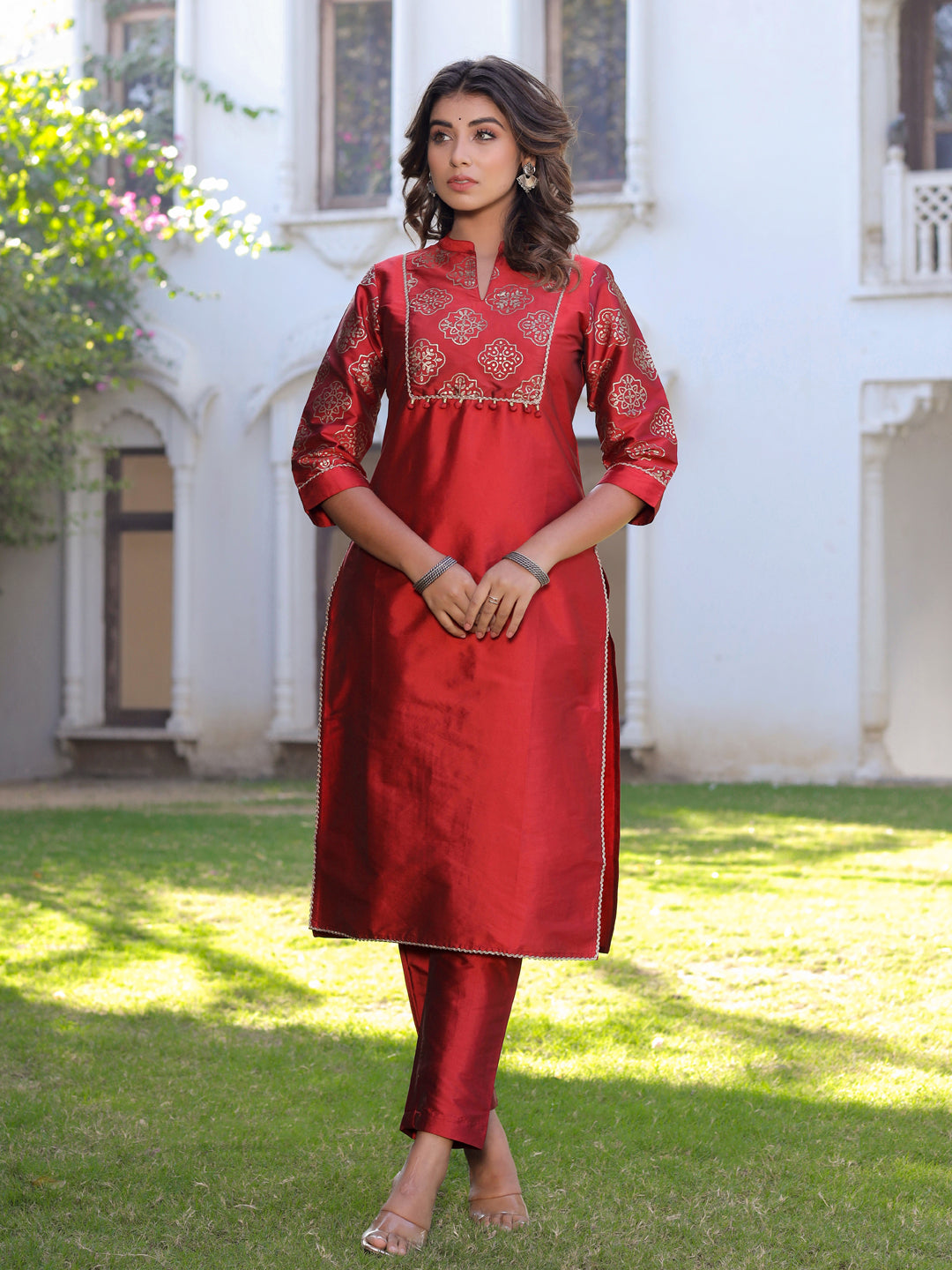 Red Gold Print Kurta With Pant