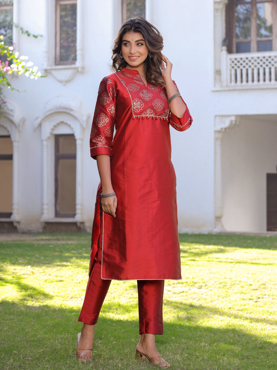 Red Gold Print Kurta With Pant