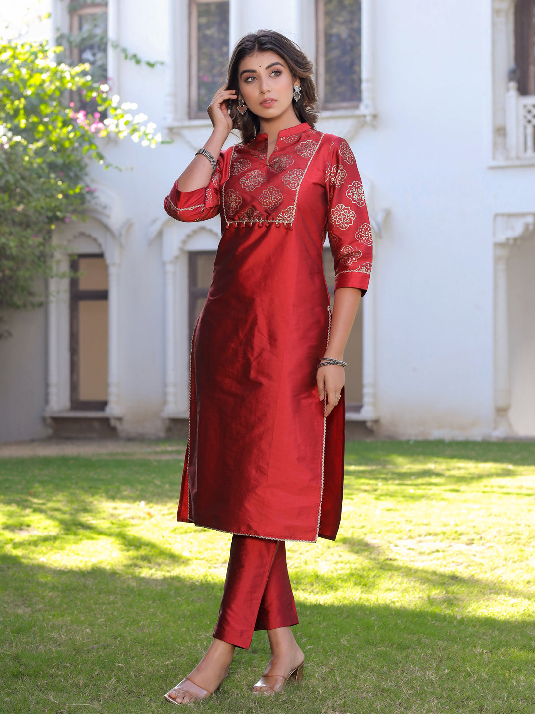 Red Gold Print Kurta With Pant