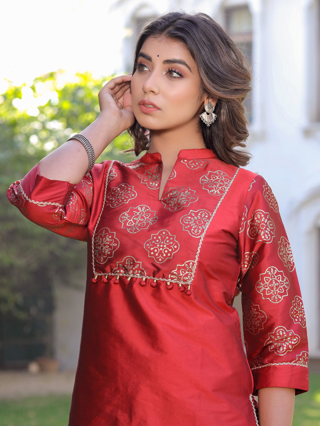 Red Gold Print Kurta With Pant
