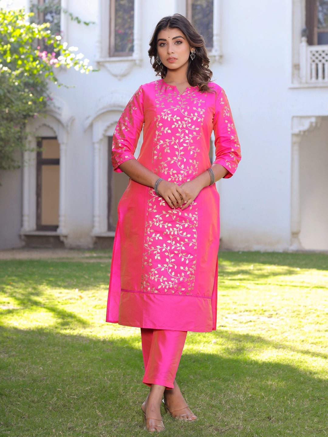 Pink & Gold Printed Silk Blend Kurta With Pants