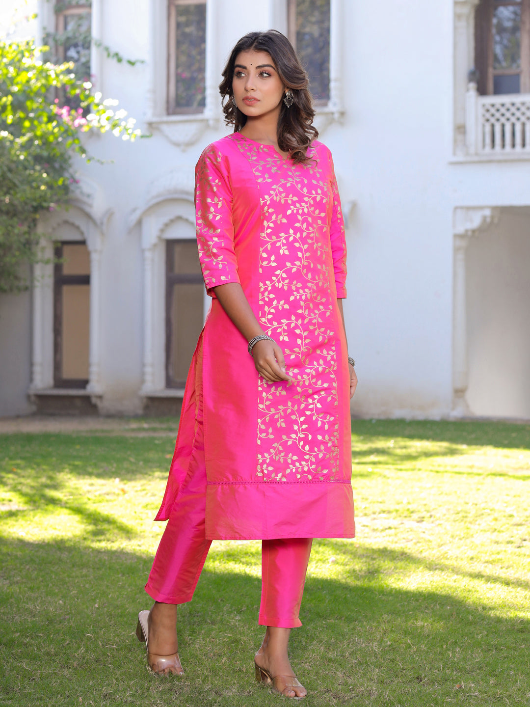 Pink & Gold Printed Silk Blend Kurta With Pants