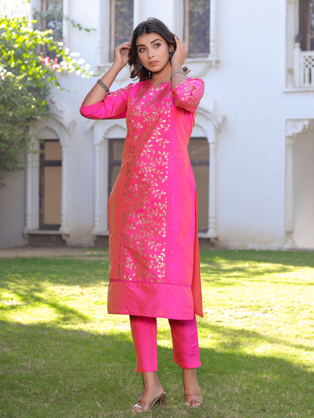 Pink & Gold Printed Silk Blend Kurta With Pants