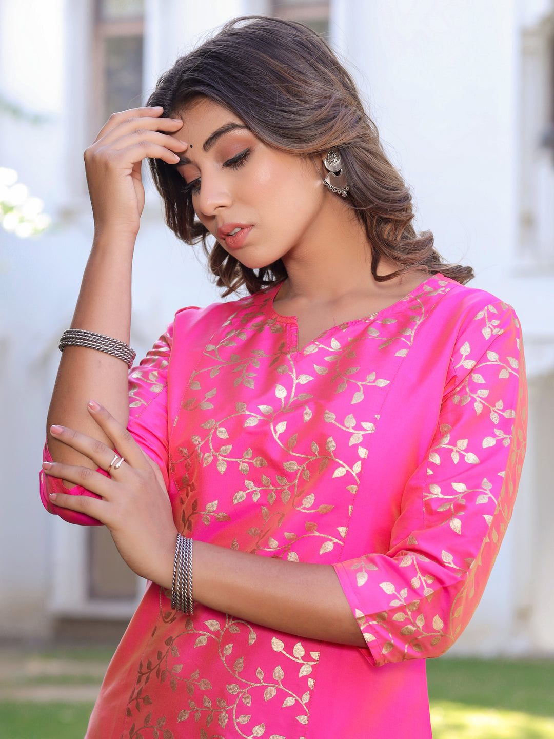 Pink & Gold Printed Silk Blend Kurta With Pants