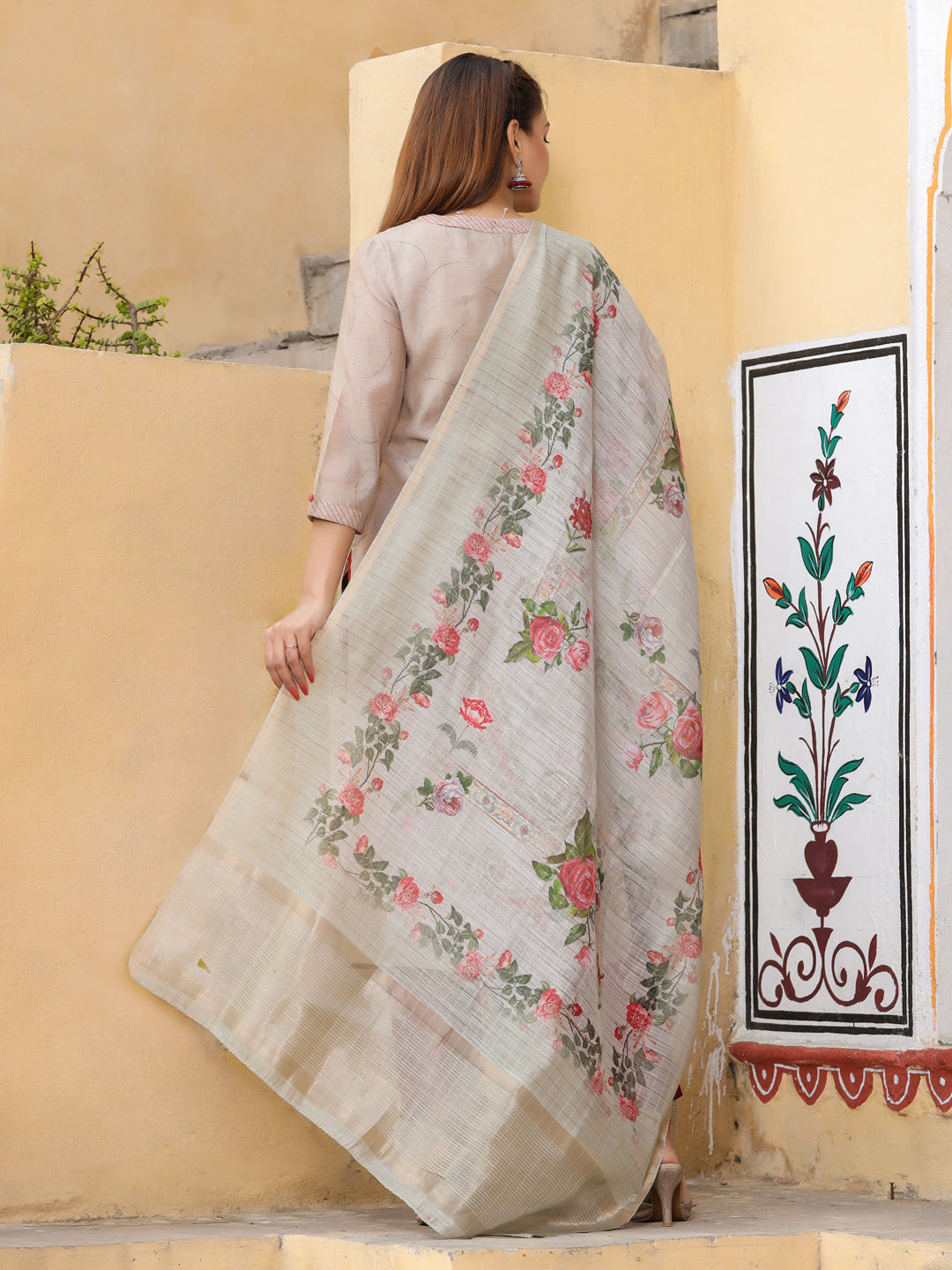 Beige Floral Print Chanderi Silk Kurta With Pants And Dupatta