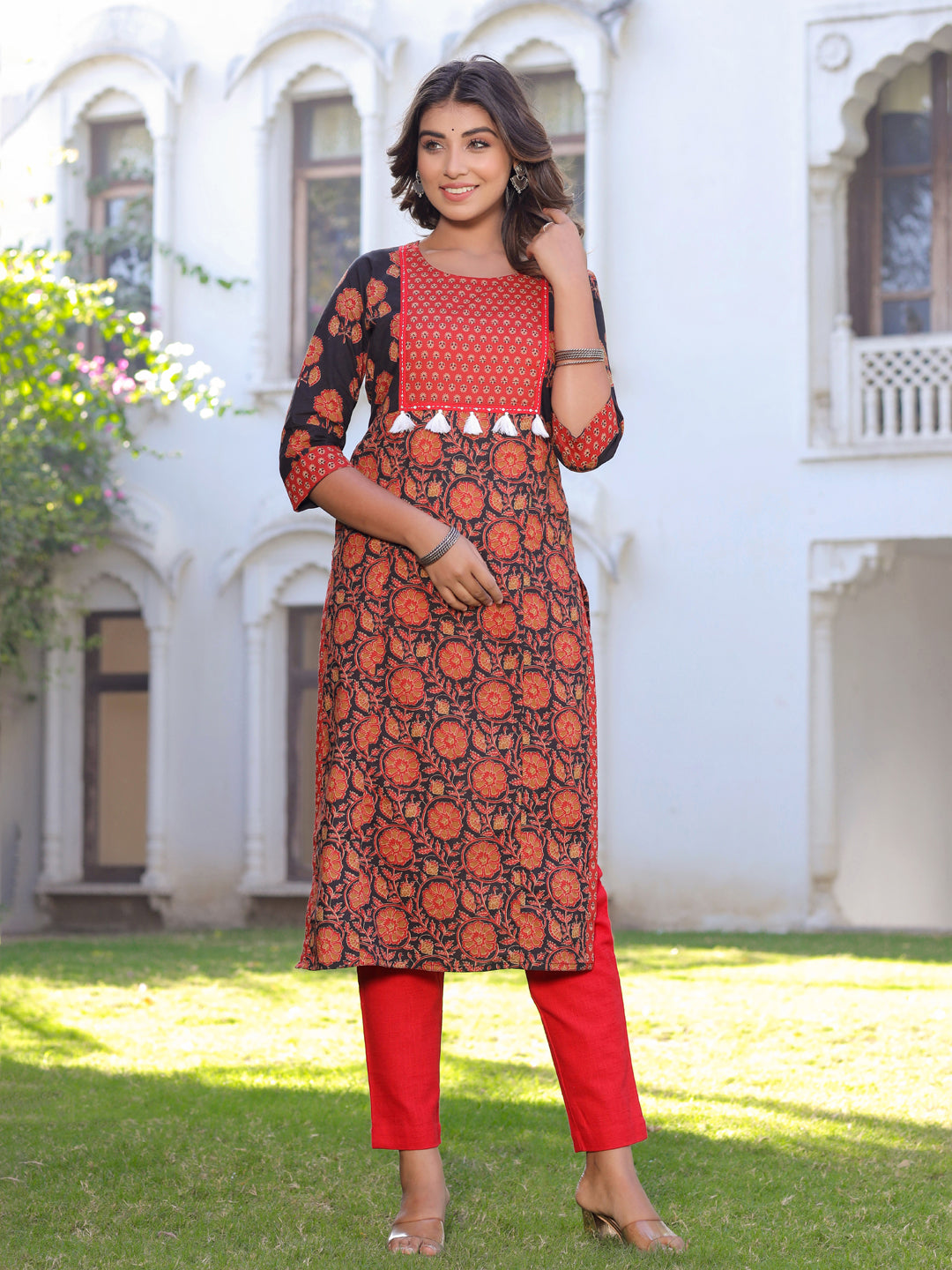 Black Printed Straight Cotton Kurta With Pants