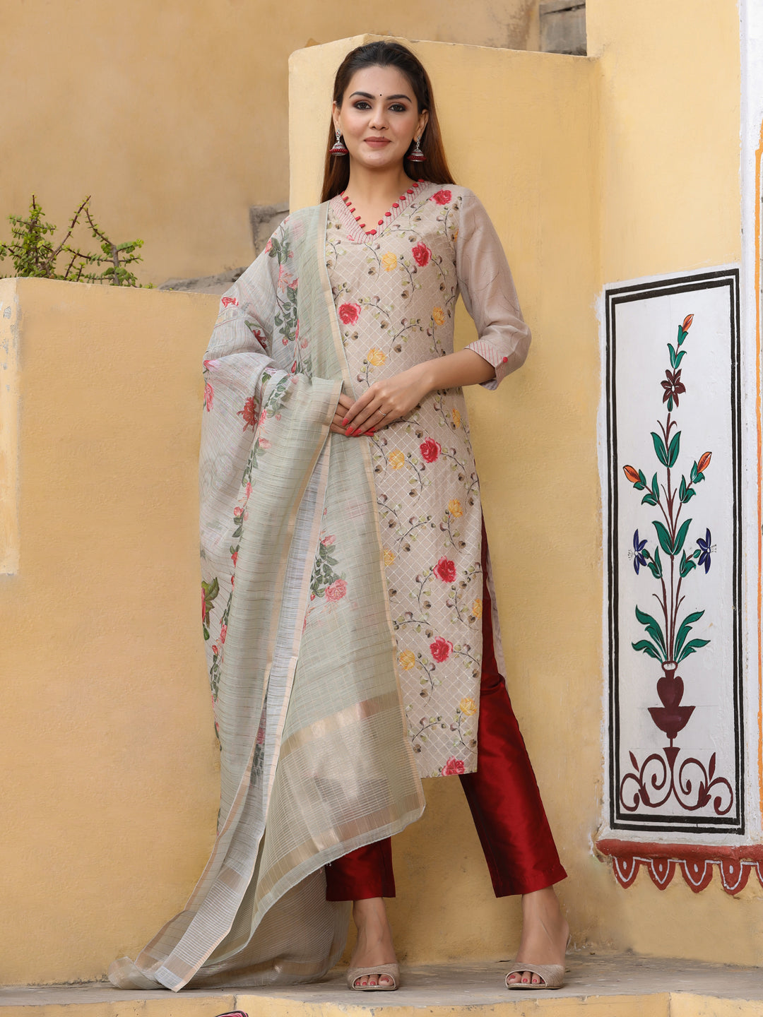Beige Floral Print Chanderi Silk Kurta With Pants And Dupatta