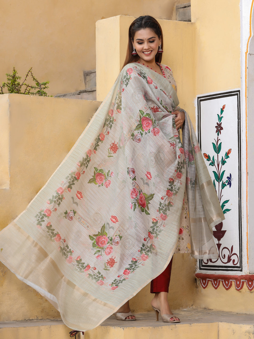 Beige Floral Print Chanderi Silk Kurta With Pants And Dupatta